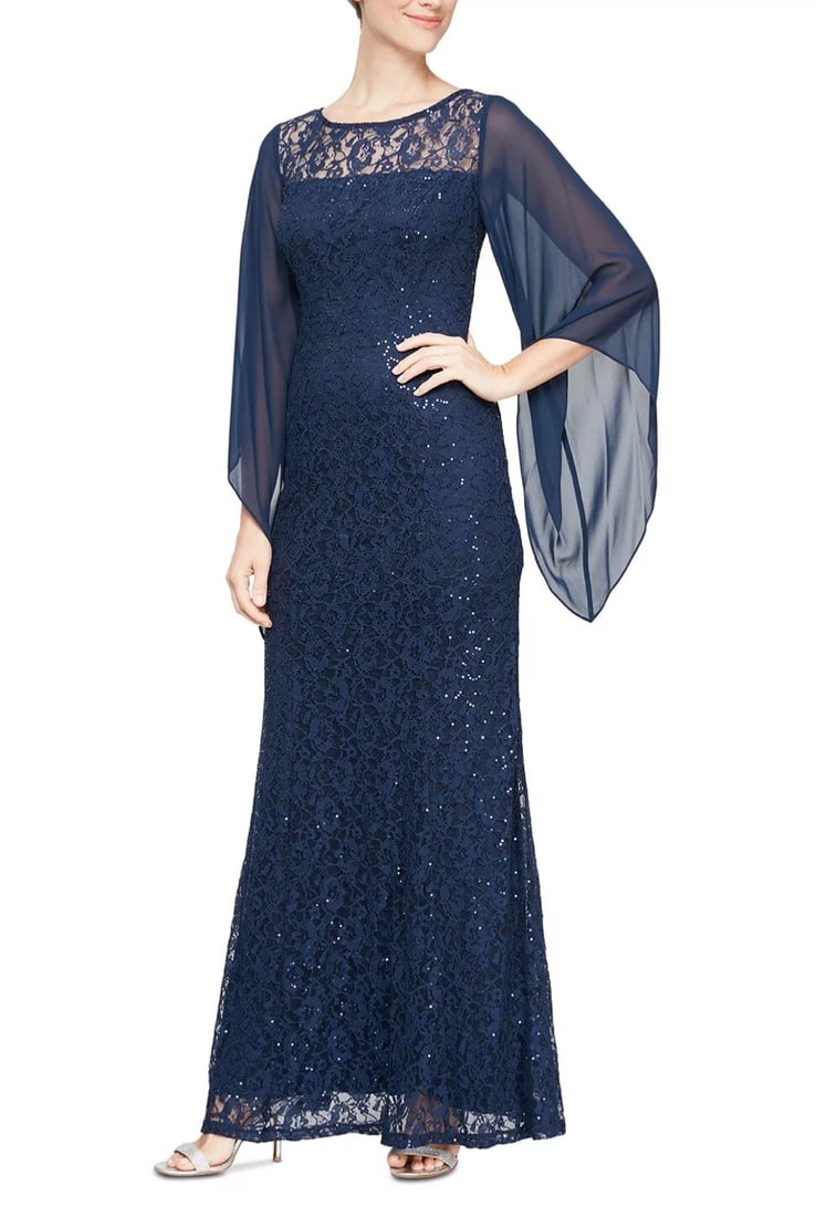 SL Fashions Navy Lace Ball Gown with Illusion Neckline: SL Fashions Navy Lace Ball Gown with Illusion Neckline Elevate your formal wear collection with this stunning Embellished Illusion Lace Gown by SL Fashions. This exquisite ball gown features an elegan