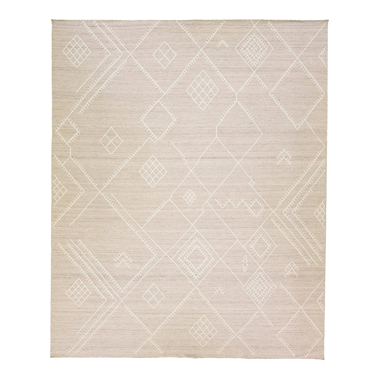Nantucket Beige Flatweave Kilim Wool Rug 12' x 14'10" Coastal Design: Nantucket Beige Flatweave Kilim Wool Rug 12' x 14'10" Coastal Design Enhance your space with this stunning handmade kilim wool rug from the Nantucket collection. Featuring a beige field with ivory acc
