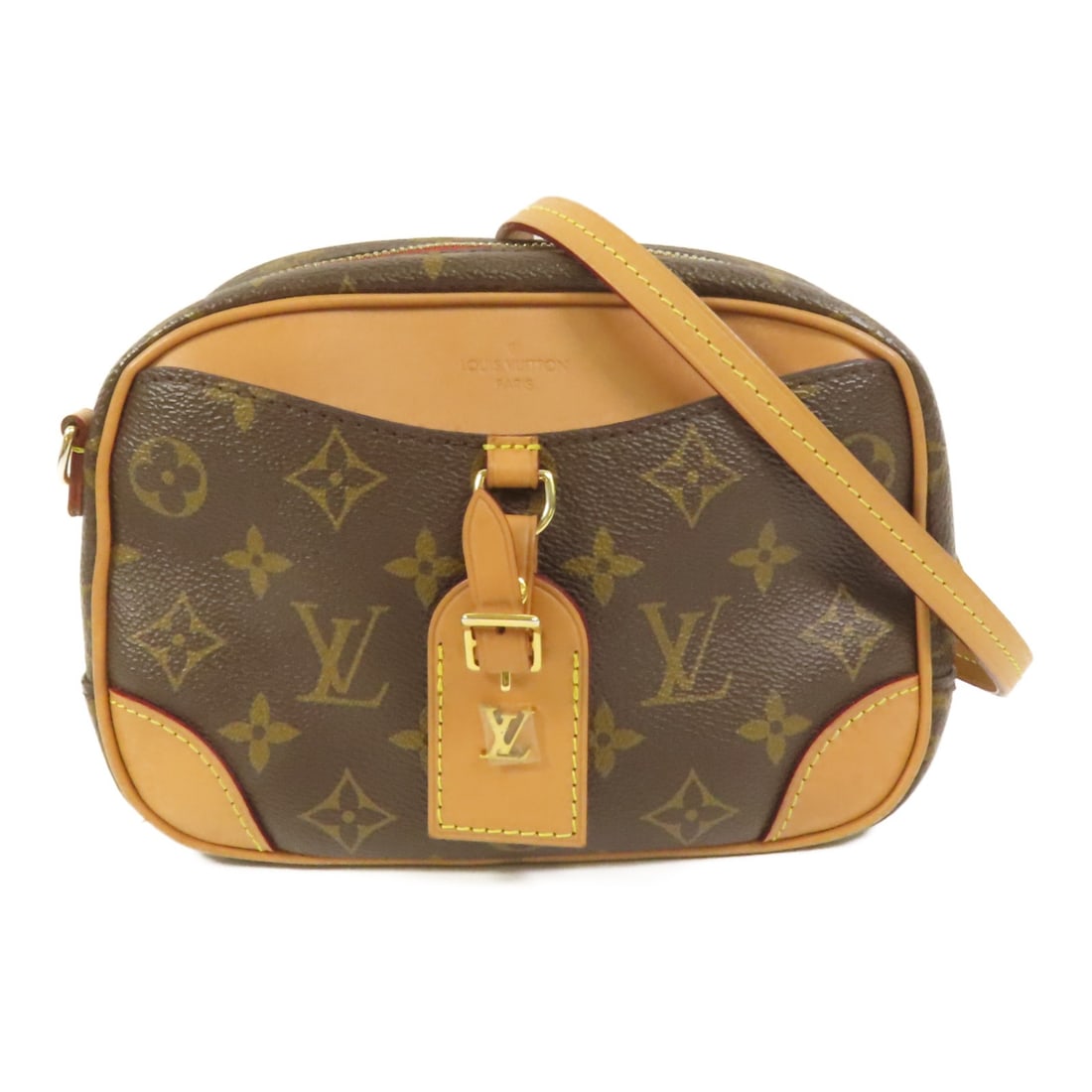 Louis Vuitton Deauville Mini Brown Monogram Shoulder Bag with Gold Hardware: Louis Vuitton Deauville Mini Brown Monogram Shoulder Bag with Gold Hardware This Louis Vuitton Deauville Mini shoulder bag features the signature monogram brown PVC coated canvas exterior. Designed fo