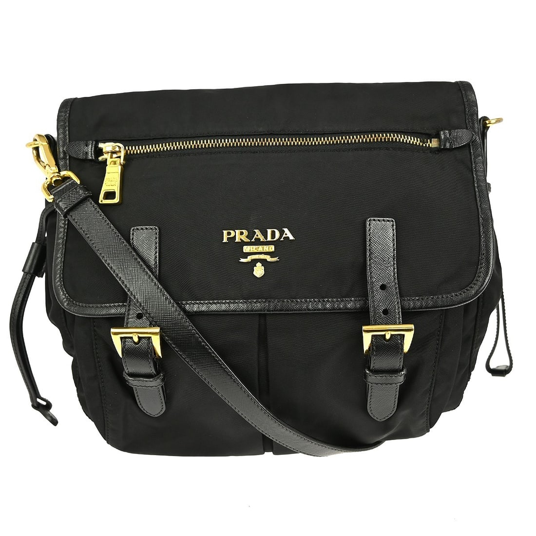 Prada Medium Black Nylon and Leather Shoulder Bag with Logo Accent: Prada Medium Black Nylon and Leather Shoulder Bag with Logo Accent This Prada shoulder bag features a black nylon exterior with leather accents and a logo detail. The bag is medium-sized, making it su