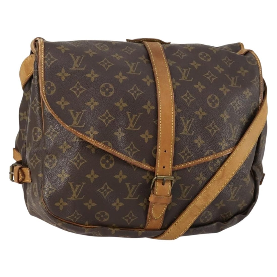 Saumur Shoulder Bag Louis Vuitton Brown Canvas 35cm by 30cm by 20cm: Saumur Shoulder Bag Louis Vuitton Brown Canvas 35cm by 30cm by 20cm This Louis Vuitton Saumur handbag features the classic monogram canvas in brown, designed for female use. It is a pre-owned shoulder