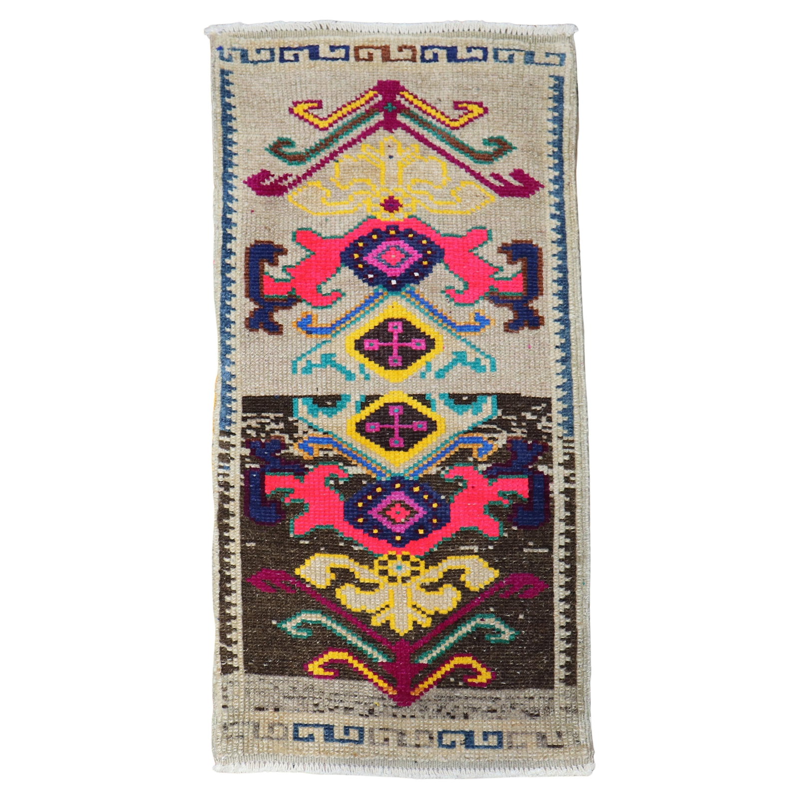 Futurist Hand-Knotted Vintage Mini Turkish Rug 1'4 x 2'9 Turkey Wool: Futurist Hand-Knotted Vintage Mini Turkish Rug 1'4 x 2'9 Turkey Wool This colorful vintage mini Turkish rug showcases a unique Futurist style, beautifully hand-knotted from high-quality wool. Originat