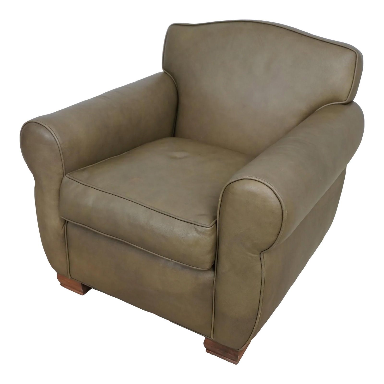 Elegant Green Leather Club Chair with Deep Seat Comfort: Elegant Green Leather Club Chair with Deep Seat Comfort This elegant Green Leather Club Chair boasts a comfortable deep seat and is approximately 20 years old. The leather is in excellent condition wi