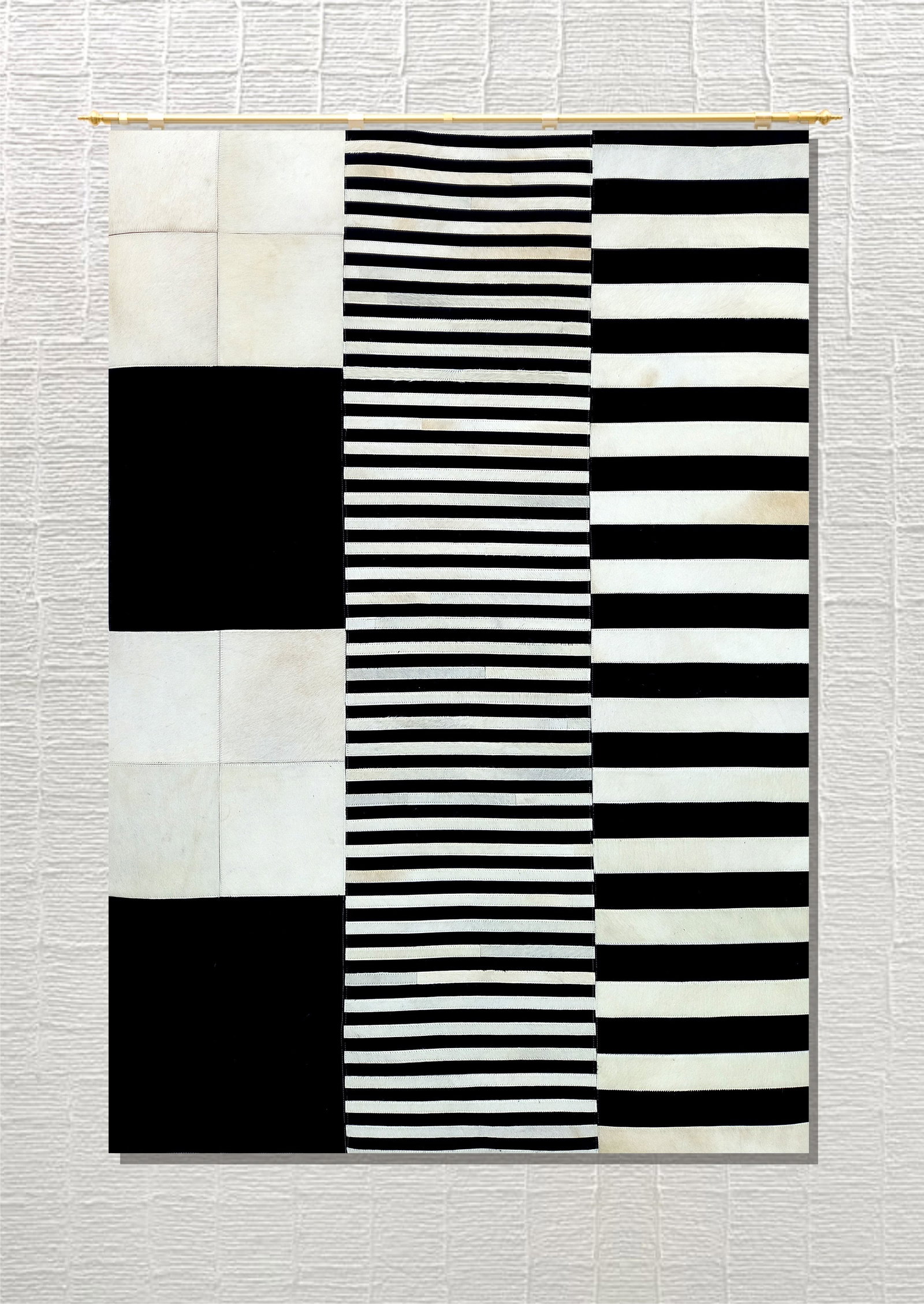 Handmade Noir Ivory Multi-Scale Stripe Block Cowhide Leather Area Rug 3FT x 5FT: Handmade Noir Ivory Multi-Scale Stripe Block Cowhide Leather Area Rug 3FT x 5FT Free continental US Shipping This handmade area rug features a striking patchwork design with multi-scale stripes and bl