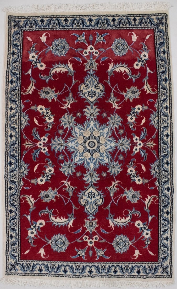 Hand-Knotted Floral Area Rug Red Wool 2'10 x 4'8 Eco-Friendly: Hand-Knotted Floral Area Rug Red Wool 2'10 x 4'8 Eco-Friendly Enhance your living space with this exquisite hand-knotted area rug, featuring a classic floral design in vibrant red, cream, ivory, khaki