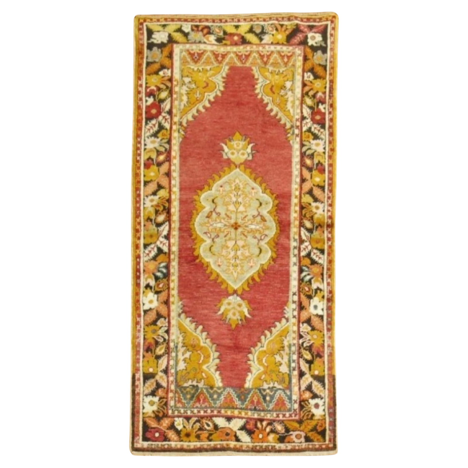 Zabihi Collection Vintage Turkish Anatolian Red Hand-Knotted Rug 38 x 72 in: Zabihi Collection Vintage Turkish Anatolian Red Hand-Knotted Rug 38 x 72 in Discover the beauty of this Red Vintage Turkish Anatolian Scatter Rug, a stunning piece from the mid-20th century. Hand-knot