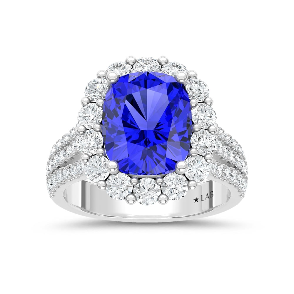 14K White Gold Lab Grown Diamond 7 Ct.Tw. Cushion Shape Recrystalized Blue Sapphire Engagement Ring: 14K White Gold Lab Grown Diamond 7 Ct.Tw. Cushion Shape Recrystalized Blue Sapphire Engagement Ring (Center 5 1/2 ct) Make a statement of elegance with this 14K white gold engagement ring. Its centerp