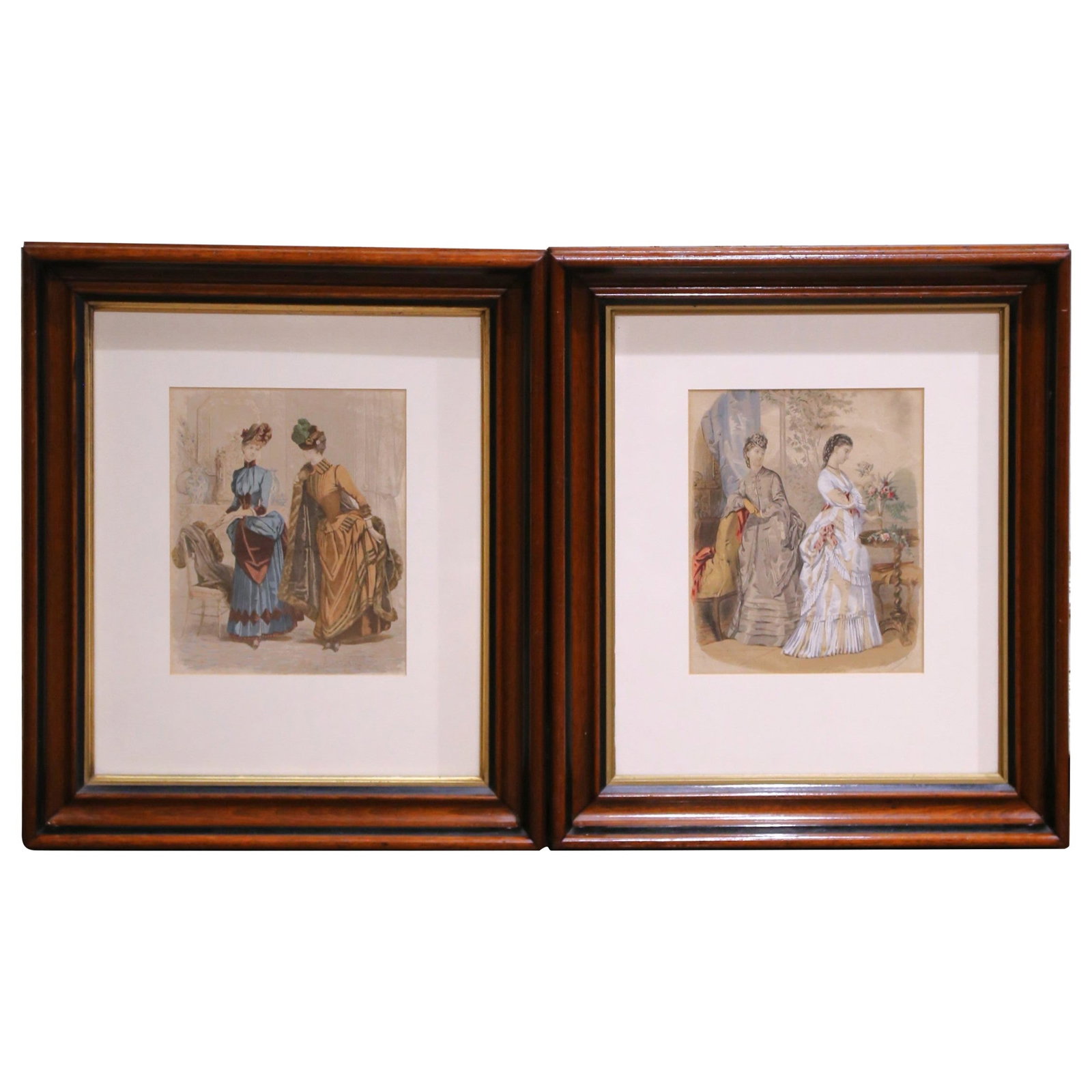 19th Century French Fashion Engravings Set of 2 in Walnut Frames (1 of 17)