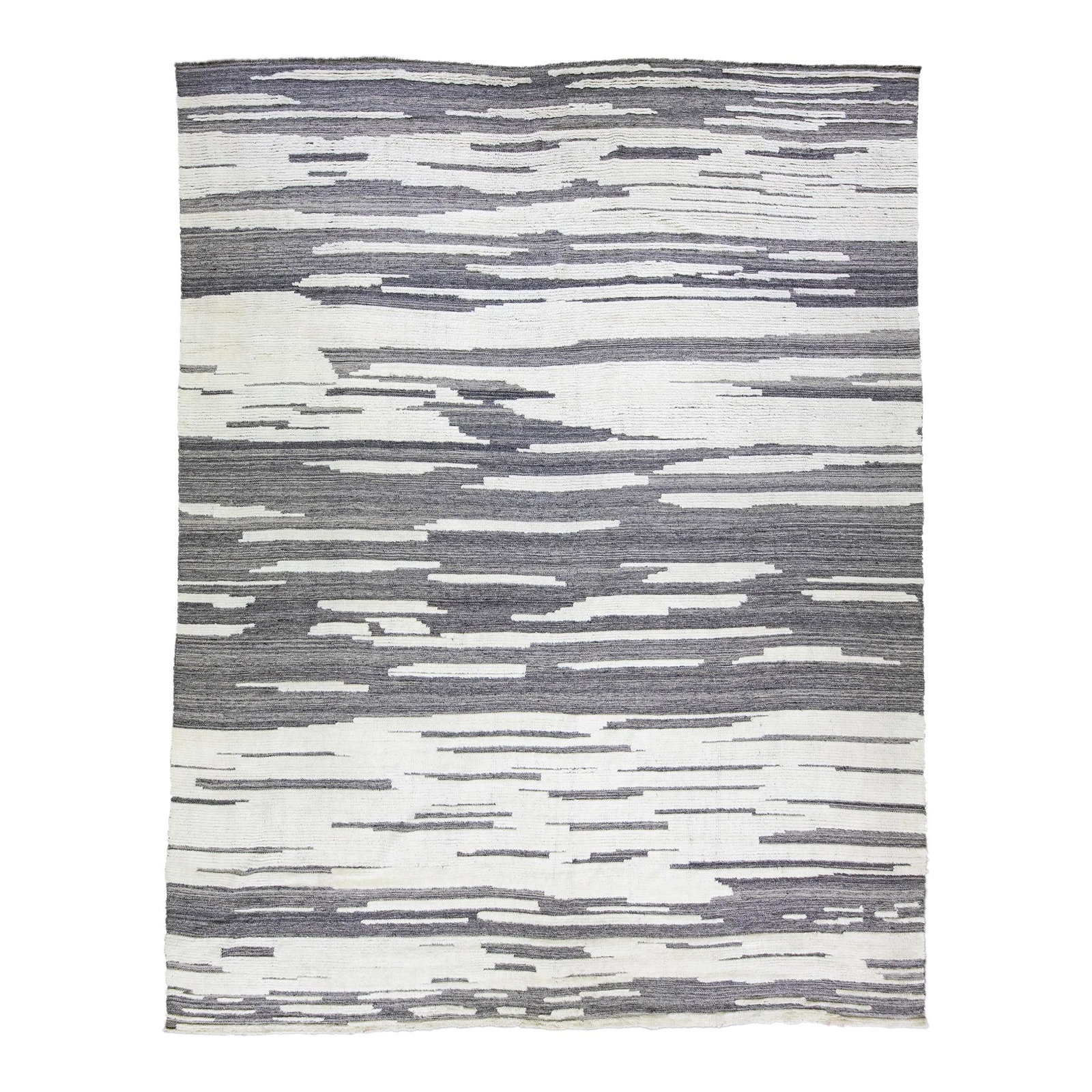 Oversized Abstract Gray Wool Rug 12'1" x 14'9": Oversized Abstract Gray Wool Rug 12'1" x 14'9" Elevate your living space with this exquisite modern Moroccan style hand-knotted wool rug, featuring a sophisticated dark gray color field. From Safi Col