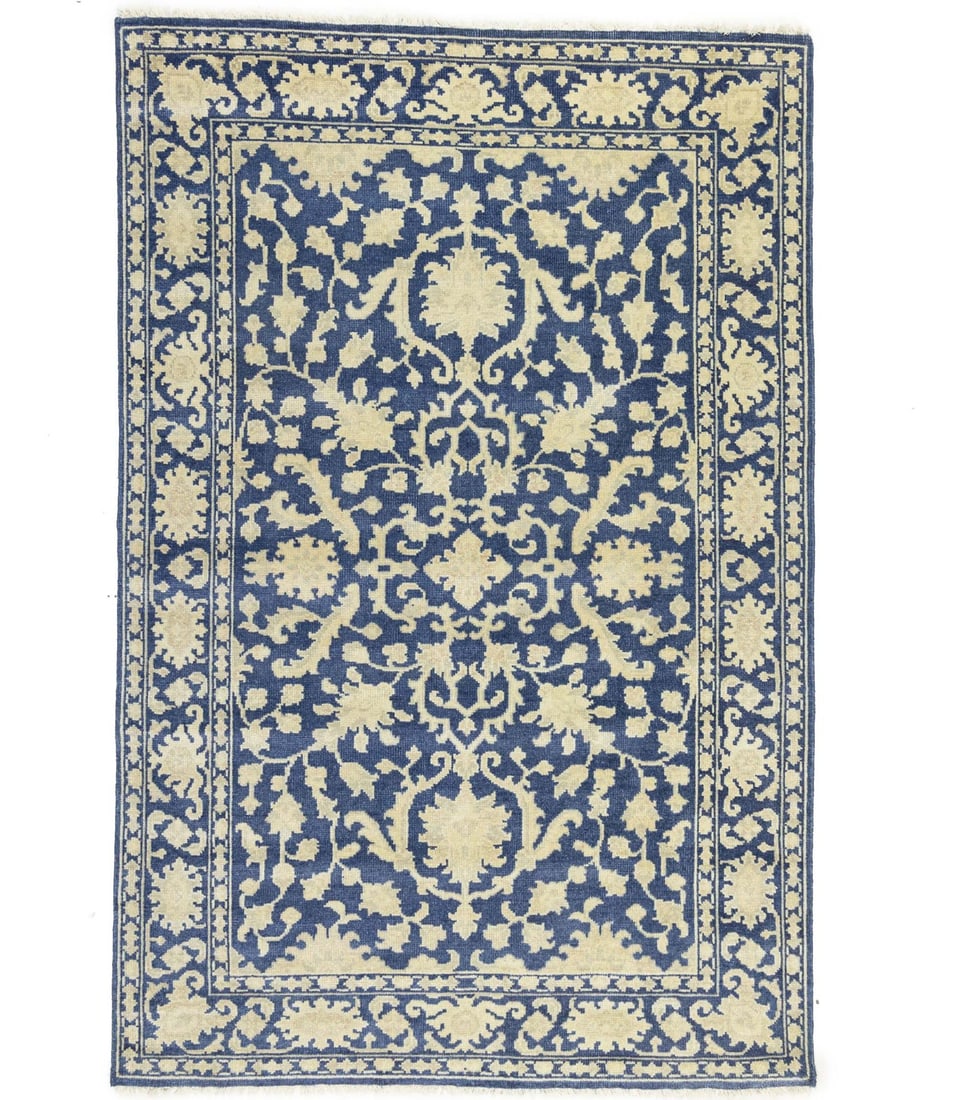 Handmade Floral Transitional Blue Wool Area Rug 5'10 x 8'10: Handmade Floral Transitional Blue Wool Area Rug 5'10 x 8'10 Enhance your home decor with this exquisite Handmade Floral Transitional Oriental Rug, featuring a muted color palette of blue, cream, and b