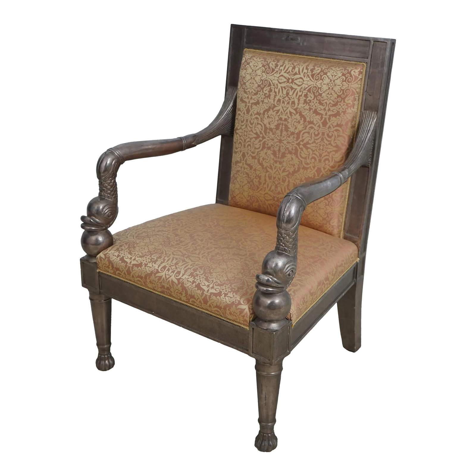 Exquisite Dolphin Arm Silver Leaf Upholstered Throne Chair (1 of 10)