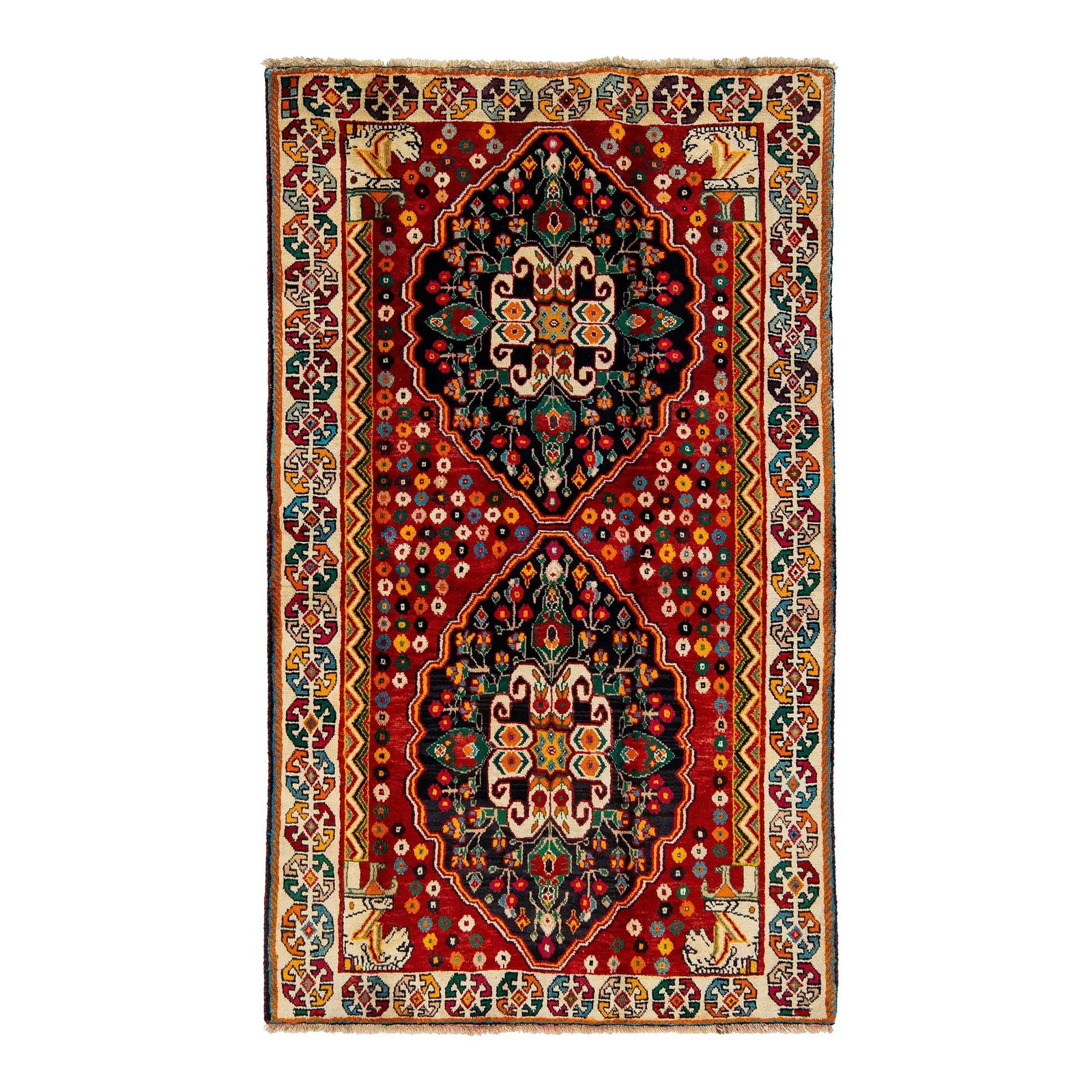 Handmade Vintage Shiraz Persian Wool Rug Red 4' x 6'8: Handmade Vintage Shiraz Persian Wool Rug Red 4' x 6'8 Enhance your space with this exquisite Handmade Allover Vintage Shiraz Persian Wool Rug. Featuring a rich red field adorned with multicolor accent