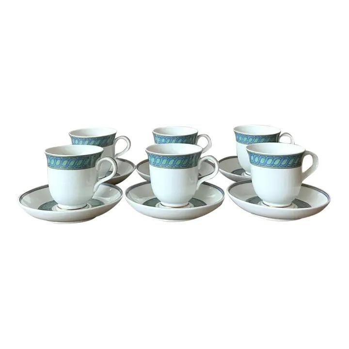Set of 6 Torsada Pattern Footed Tea Cups and Saucers: Set of 6 Torsada Pattern Footed Tea Cups and Saucers This vintage set includes six Christofle Torsada footed tea cups with matching saucers, featuring the elegant Torsada twist pattern. Each cup is cr