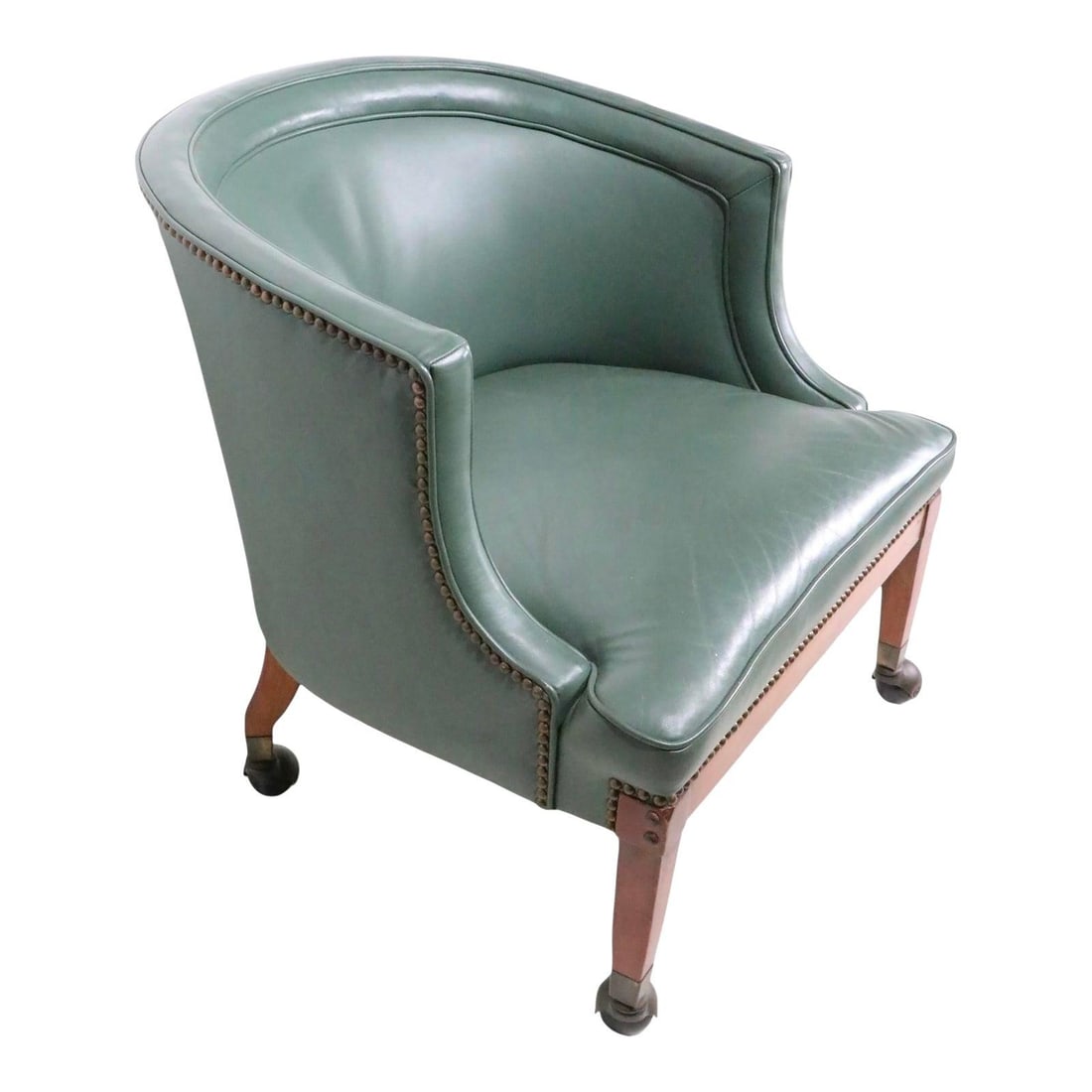 Mid Century Green Leather Tub Chair with Nailhead Trim and Ball Casters (1 of 10)