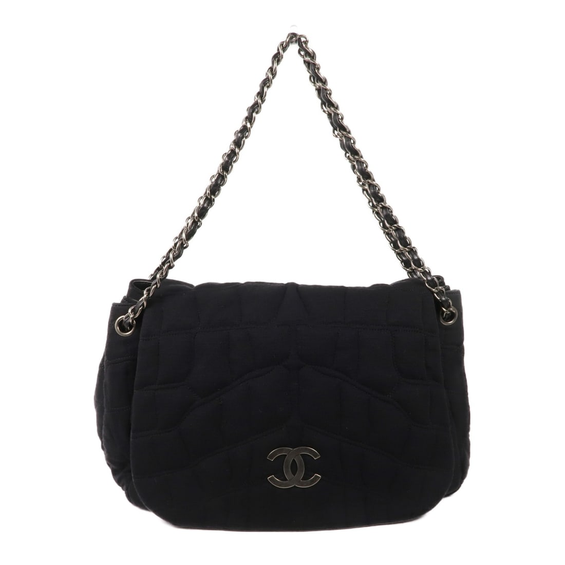 CHANEL Black Fabric Leather Chain Shoulder Bag SHW: CHANEL Black Fabric Leather Chain Shoulder Bag SHW This elegant CHANEL shoulder bag showcases a timeless design crafted from high-quality black fabric, perfect for adding a touch of sophistication to
