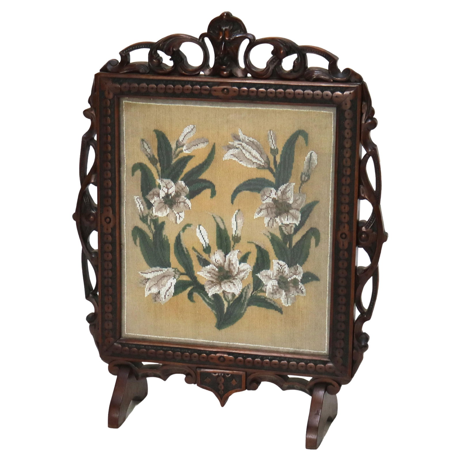 Renaissance Revival Figural Carved Needlepoint Fireplace Screen C1900 (1 of 11)