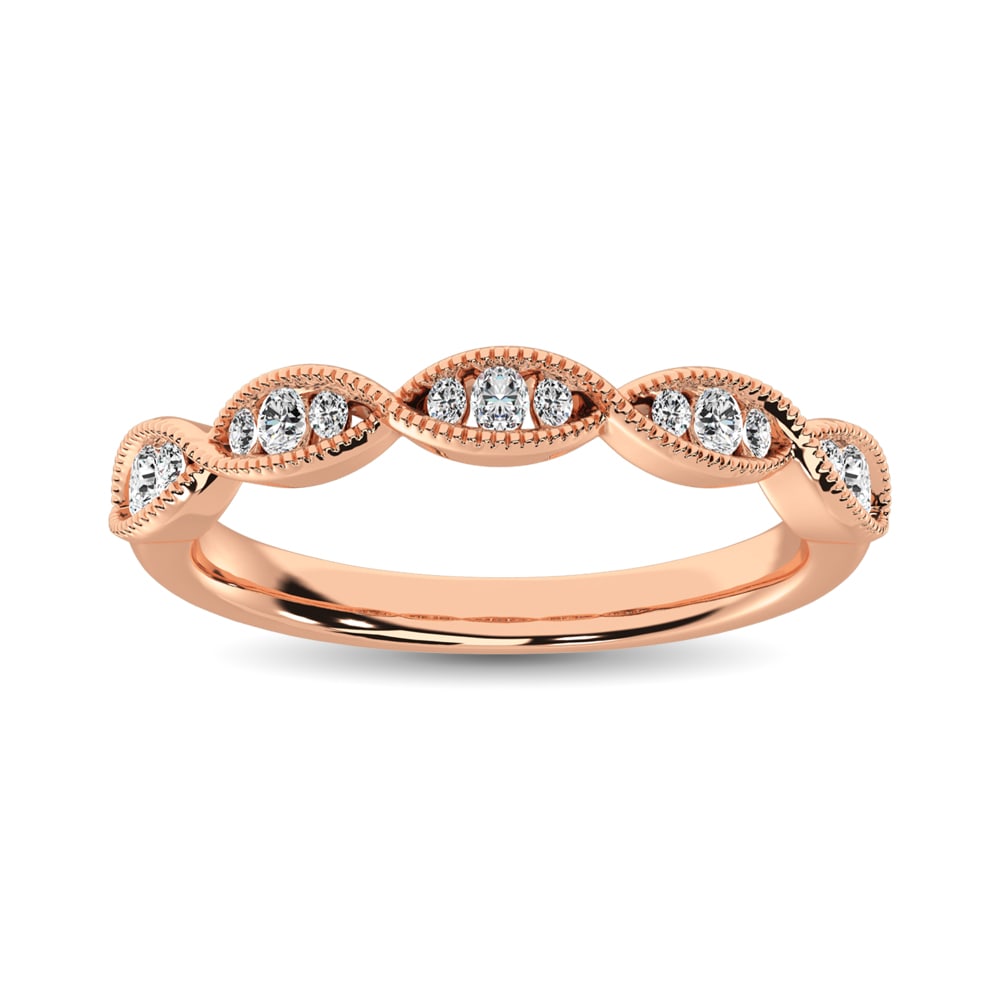 Diamond 1/5 Ct.Tw. Stack Band in 14K Rose Gold: Diamond 1/5 Ct.Tw. Stack Band in 14K Rose Gold 14k Rose Gold Stone Color: G-h Stone Clarity: I1 Each ring is presented in standard size 6.5. Complimentary resizing is available between sizes 510 (in 1