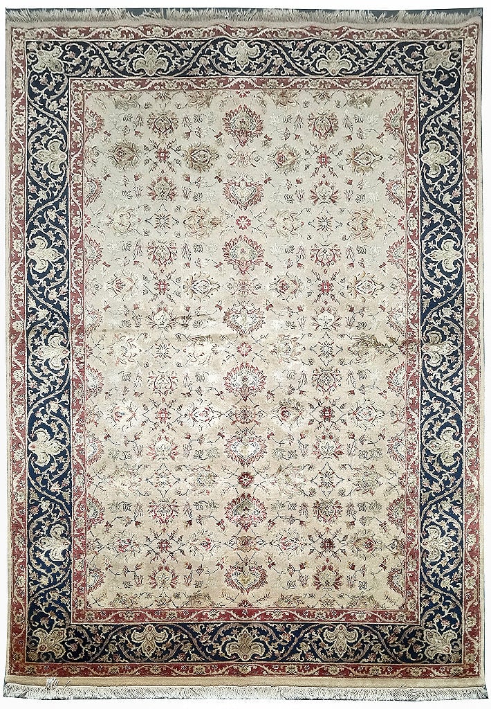 5'4" x 8'3" Beige Hand-Knotted Silk Wool Indian Area Rug: 5'4" x 8'3" Beige Hand-Knotted Silk Wool Indian Area Rug Free continental US Shipping Introducing the exquisite 5.4 x 8.3 Beige Quality Silk & Wool Indian Rug, a luxurious blend of elegance and crafts