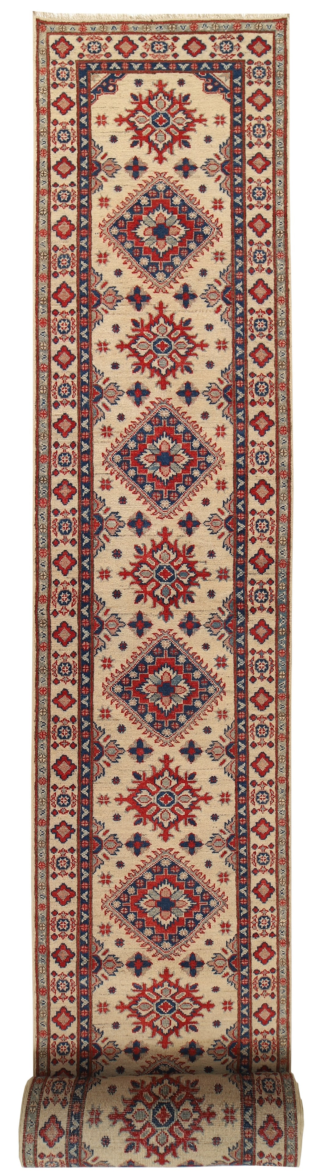 Handmade Kazak Runner Rug 2.7 x 25.8 Ivory Wool Pakistan: Handmade Kazak Runner Rug 2.7 x 25.8 Ivory Wool Pakistan Free continental US Shipping Elevate your space with this stunning 2.7 x 25.8 Beautiful Handmade Ivory Kazak Runner Rug, meticulously crafted b