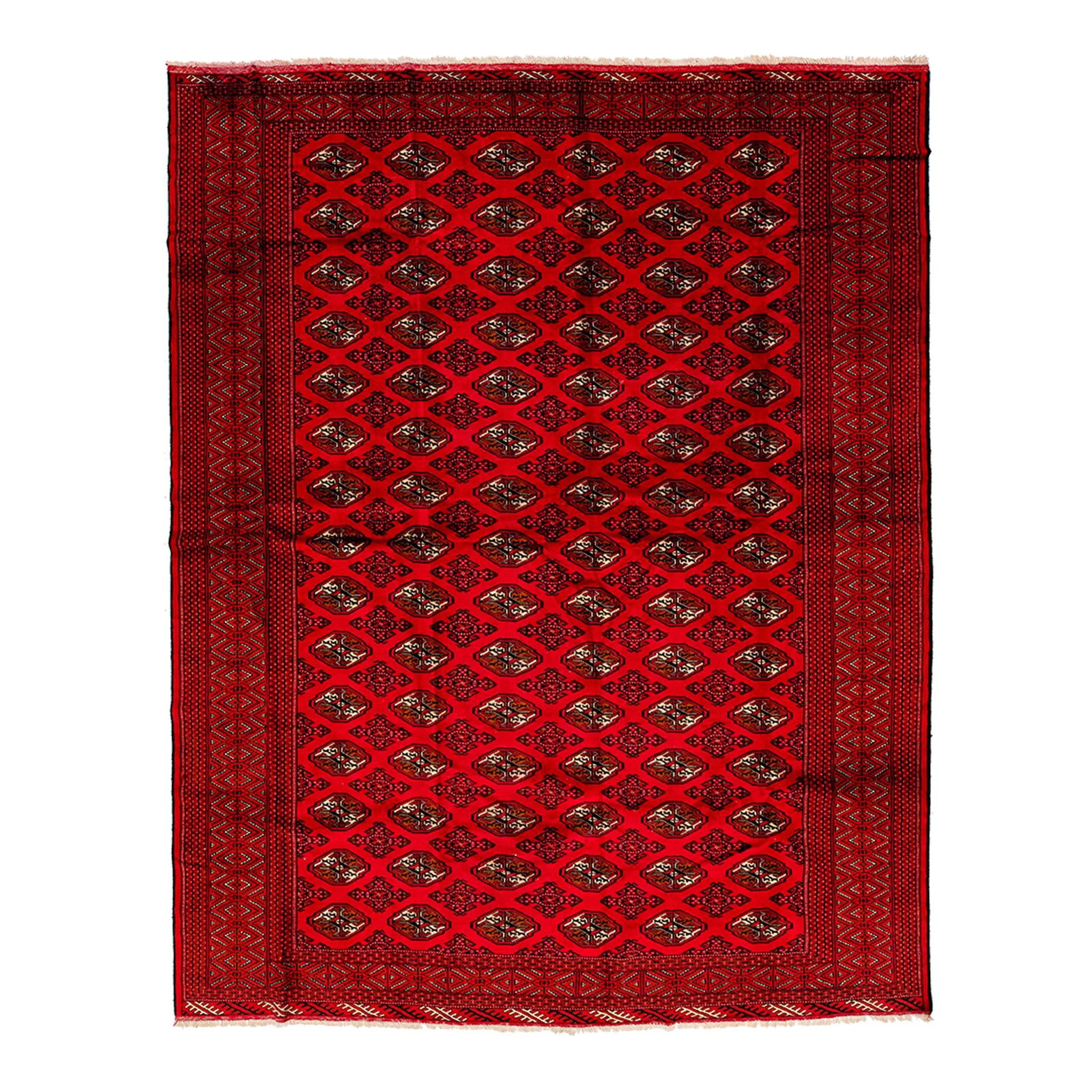 Vintage 1960s Handmade Persian Wool Rug Red Geometric 9'7'' X 12'1'': Vintage 1960s Handmade Persian Wool Rug Red Geometric 9'7'' X 12'1'' This stunning vintage Persian rug showcases a vibrant red field adorned with multi-color accents in a striking all-over geometric d