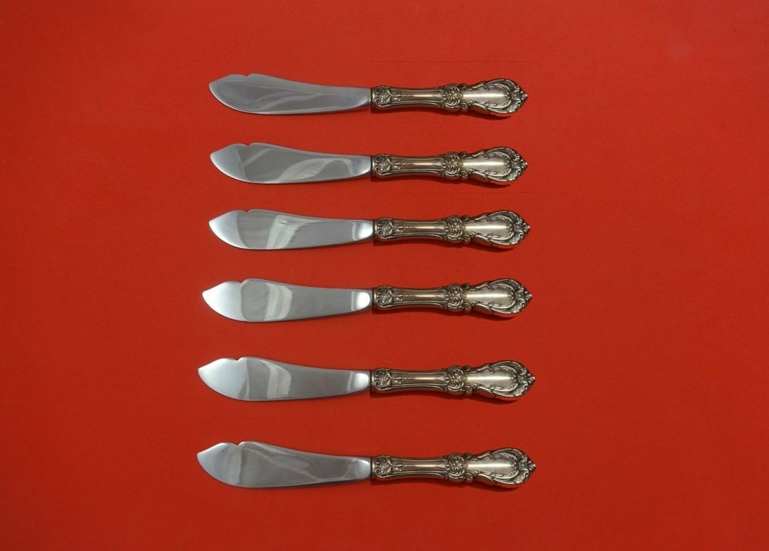 Reed & Barton Burgundy Sterling Silver 6pc Trout Knife Set 7.5": Reed & Barton Burgundy Sterling Silver 6pc Trout Knife Set 7.5" This exquisite 6-piece trout knife set from Reed and Barton features a stunning Burgundy pattern. Crafted from sterling silver with holl