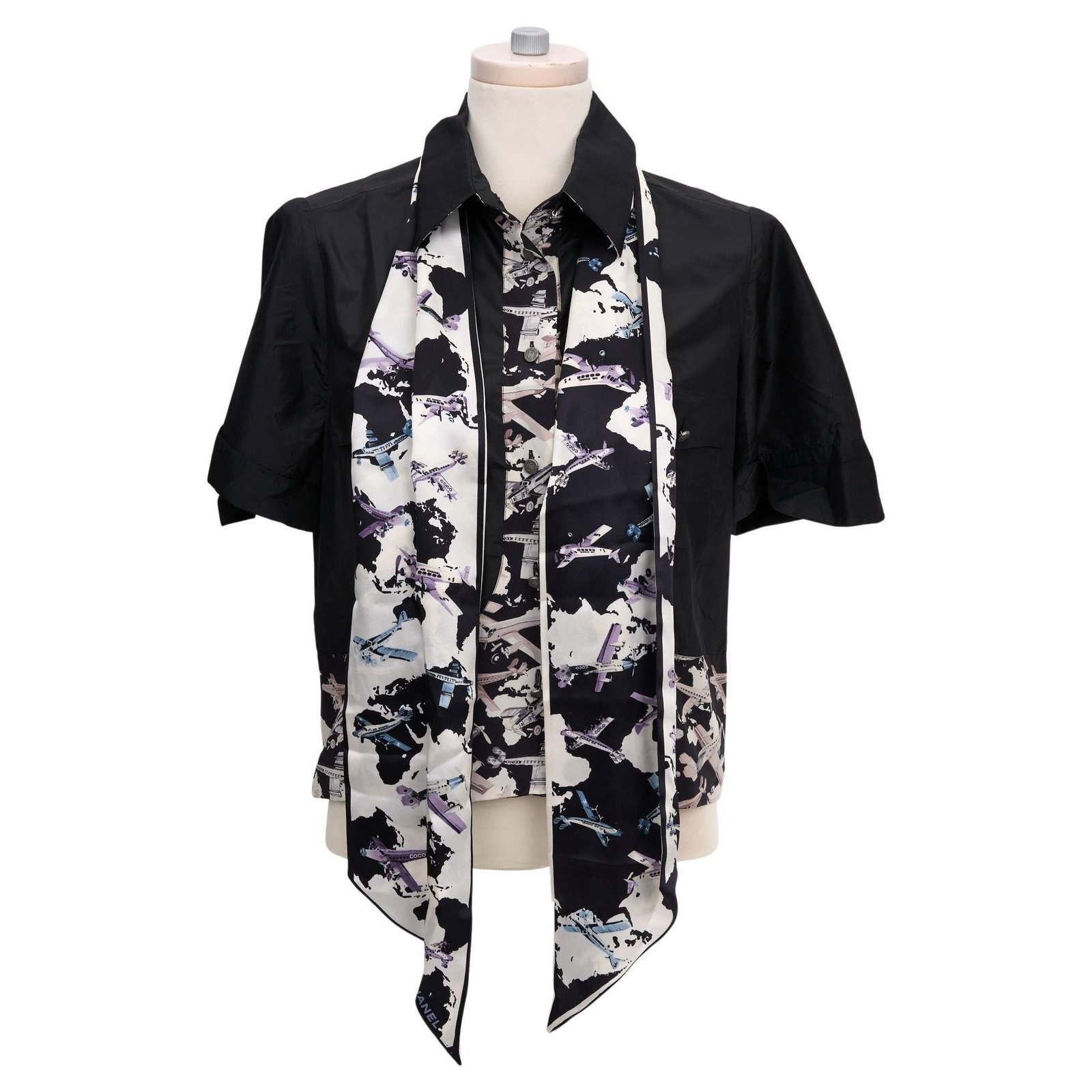 Chanel Black Silk Blouse with Airplane Print and Sash (1 of 7)