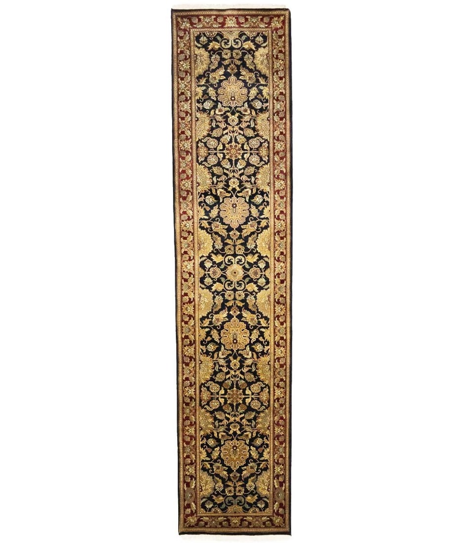 Handmade Wool Runner Rug 2'7 x 11'6 Floral Modern Agra Jaipur Style: Handmade Wool Runner Rug 2'7 x 11'6 Floral Modern Agra Jaipur Style This hand-knotted Agra Jaipur runner rug features a traditional floral oriental pattern with a modern regional design. Crafted from