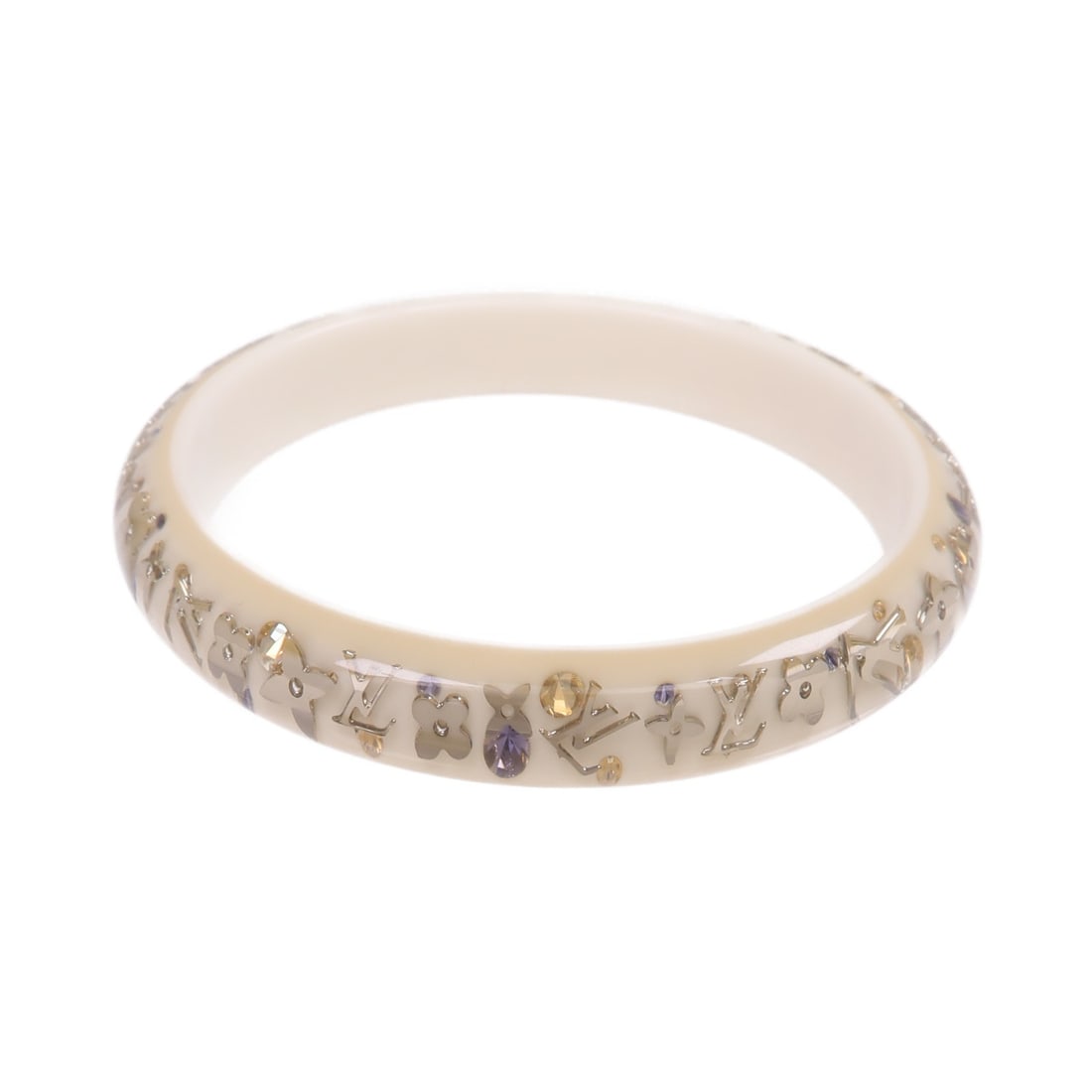 Inclusion White and Silver Bangle by Louis Vuitton PVC: Inclusion White and Silver Bangle by Louis Vuitton PVC This Louis Vuitton Inclusion bangle bracelet features a sleek white design crafted from PVC with silver-tone accents. Made in France, it is desig