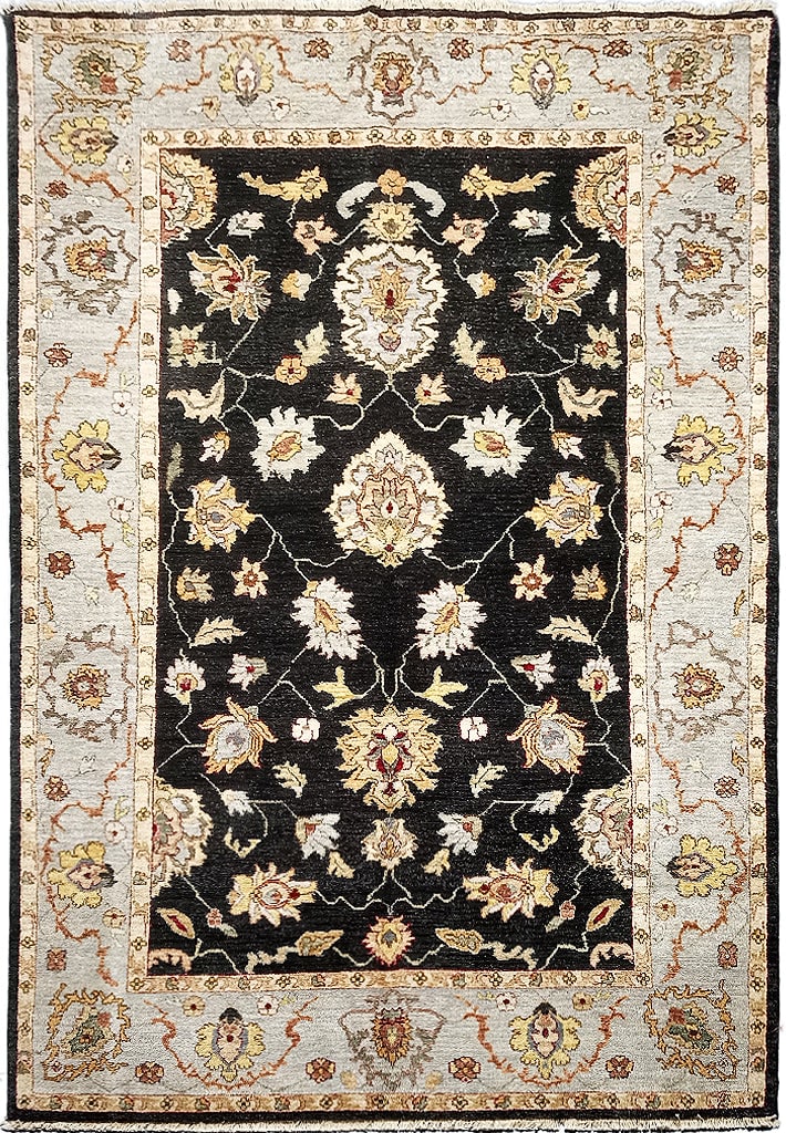 5.3 x 8 Black Vegetable Dyed Chobi Rug Handmade in India: 5.3 x 8 Black Vegetable Dyed Chobi Rug Handmade in India Free continental US Shipping Introducing the 5.3 x 8 Black Vegetable Dyed Chobi Rug, a sophisticated piece that harmonizes traditional craftsma