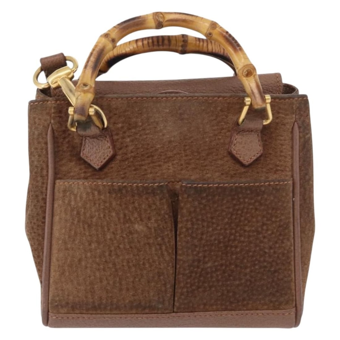 Suede Tote Bag with Bamboo Handle by Gucci Vintage Collection: Suede Tote Bag with Bamboo Handle by Gucci Vintage Collection This Gucci Vintage Bamboo Front Pocket Tote features a brown suede exterior with signature bamboo accents. Designed for women, it offers a