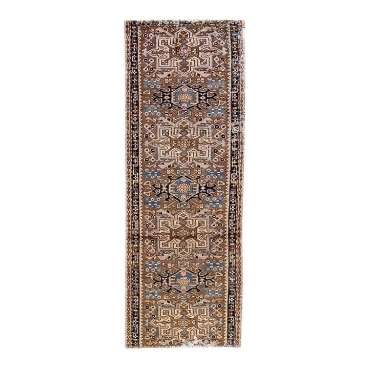 Vintage Hand-Knotted Geometric Brown Wool Runner 1'11 x 5'6: Vintage Hand-Knotted Geometric Brown Wool Runner 1'11 x 5'6 Enhance your space with this beautiful Vintage Geometric hand-knotted wool runner, featuring a rich brown field adorned with blue, black, an