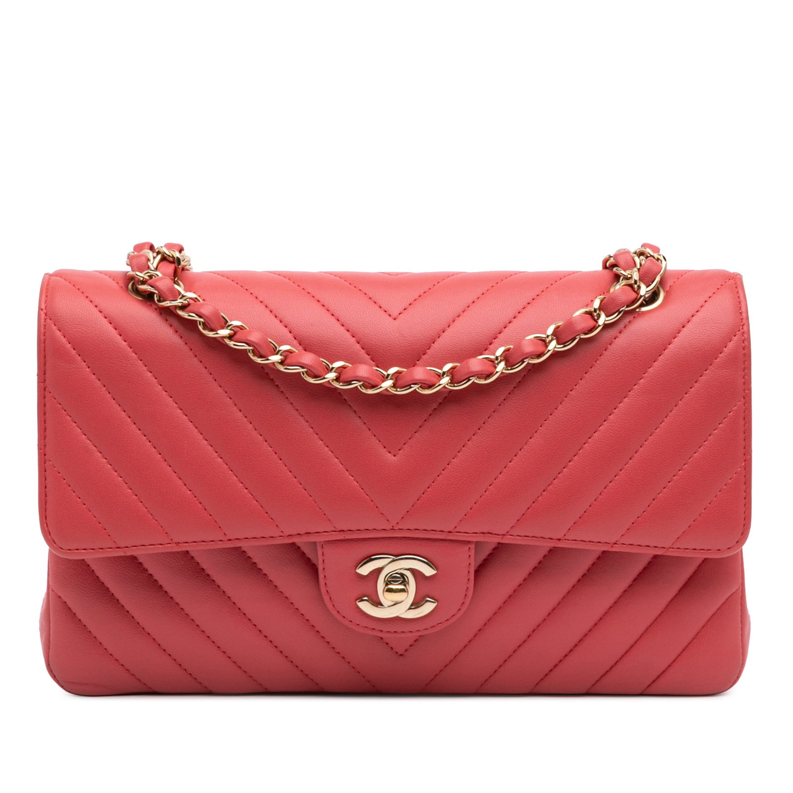 Chanel Medium Classic Chevron Red Lambskin Double Flap Bag: Chanel Medium Classic Chevron Red Lambskin Double Flap Bag The Chanel Medium Classic Chevron Lambskin Double Flap shoulder bag is a stunning accessory crafted from luxurious quilted lambskin leather.