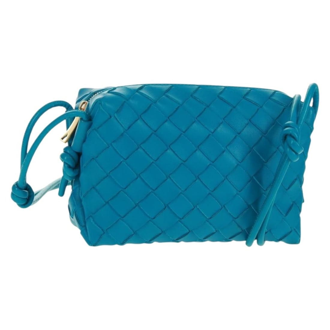 Bottega Veneta Intrecciato Blue Leather Shoulder Bag with Gold Accents and Dust Bag: Bottega Veneta Intrecciato Blue Leather Shoulder Bag with Gold Accents and Dust Bag This Bottega Veneta Intrecciato shoulder bag is crafted from blue and gold leather, featuring the brand's signature 