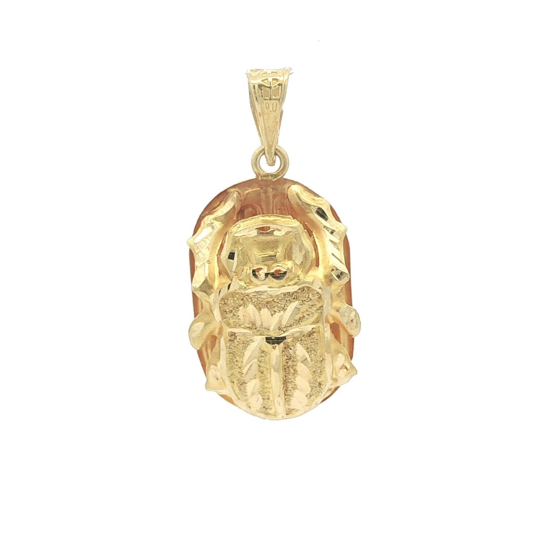 18k Yellow Gold Diamond Cut Scarab Pendant with Hieroglyphics: 18k Yellow Gold Diamond Cut Scarab Pendant with Hieroglyphics This exquisite pendant features a stunning scarab design, crafted from solid 18k yellow gold with a diamond cut finish. The back of the pe