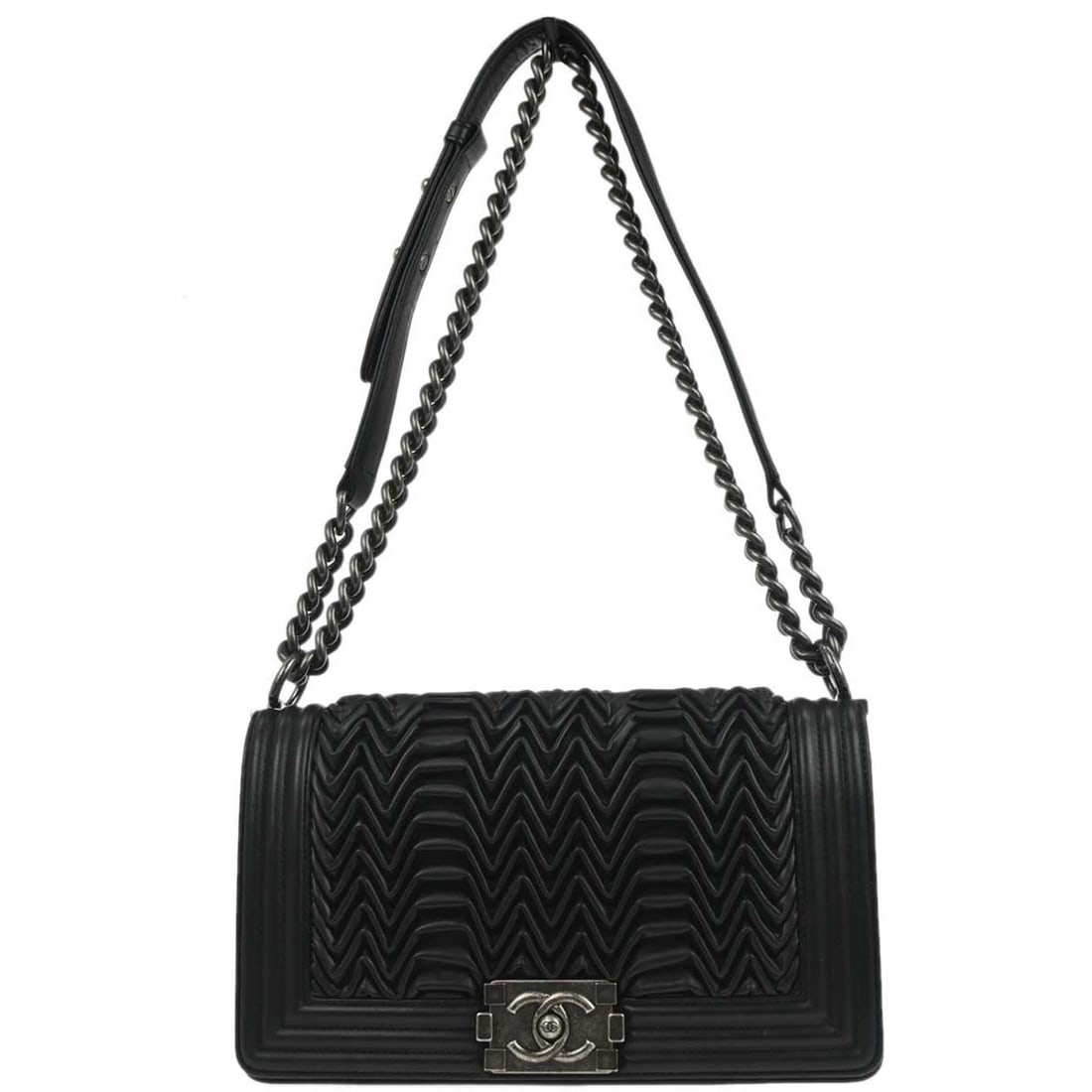 Chanel Boy Medium Black Pleated Lambskin Shoulder Bag with Silver Hardware (1 of 10)