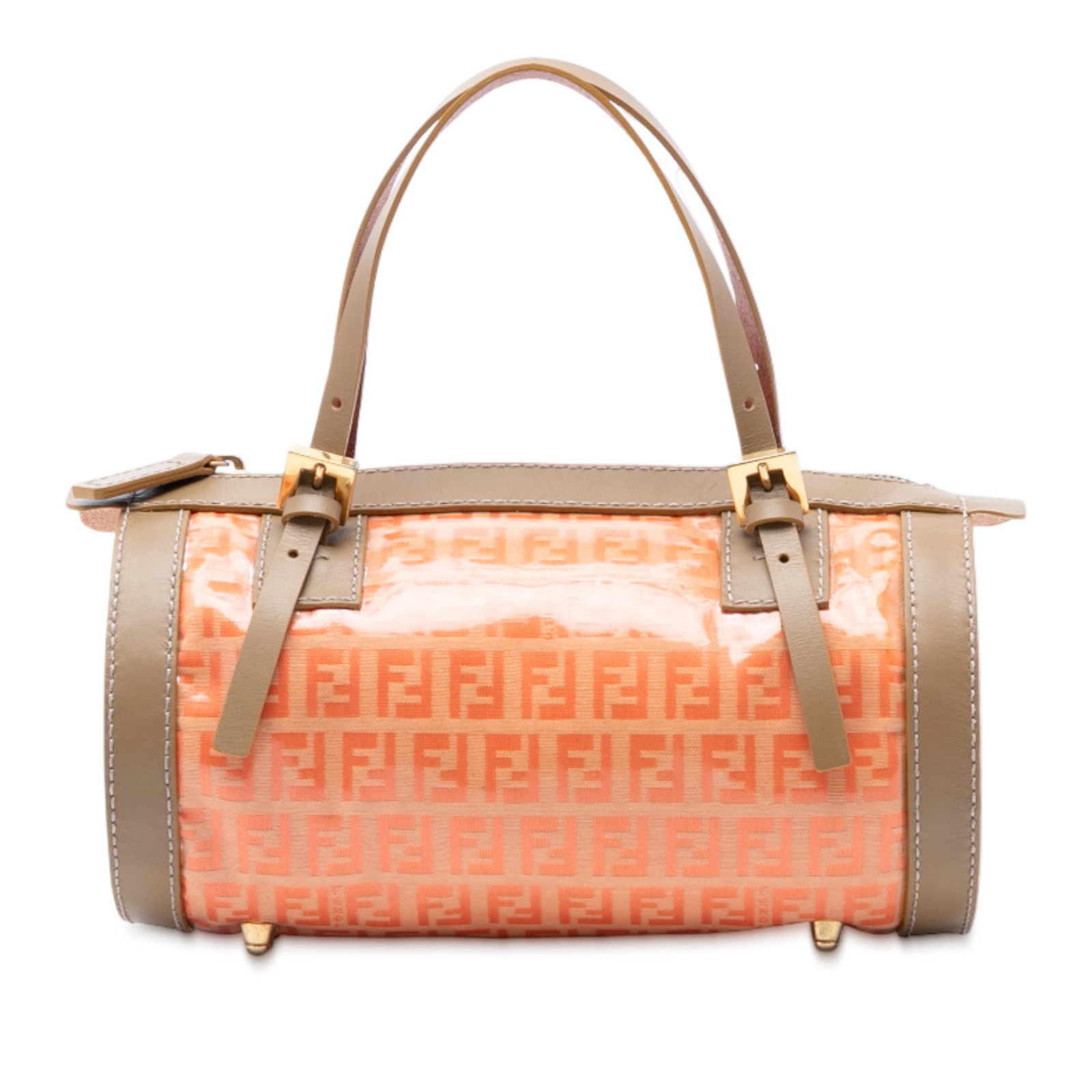 Fendi Zucchino Orange Coated Canvas Barrel Bag with Leather Trim: Fendi Zucchino Orange Coated Canvas Barrel Bag with Leather Trim This Fendi Zucchino barrel handbag is crafted from coated canvas with leather trim and features flat leather straps, a top zip closure,