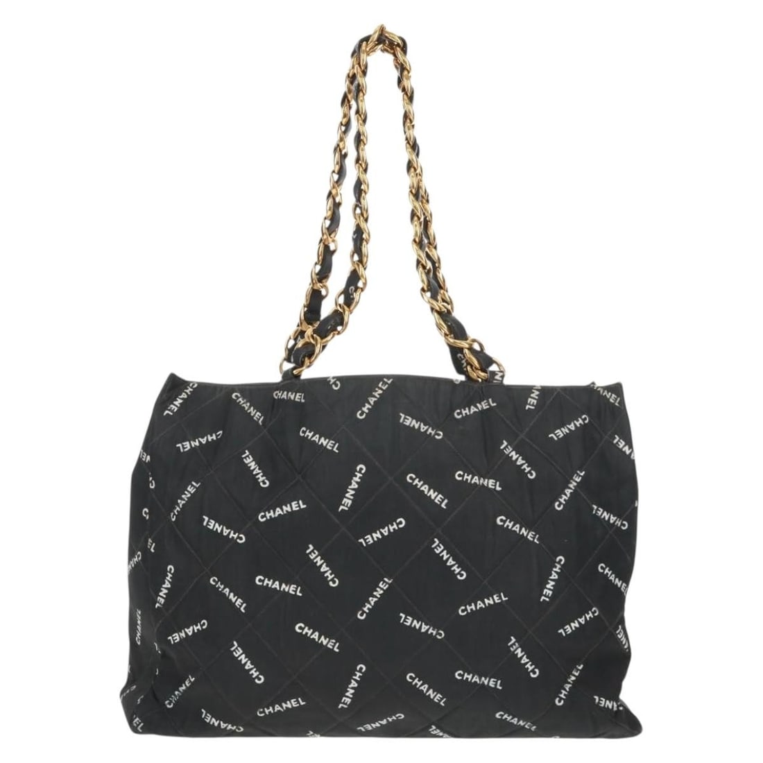 Quilted Canvas Tote Bag Chanel Logo Black 37cm by 29cm by 11cm: Quilted Canvas Tote Bag Chanel Logo Black 37cm by 29cm by 11cm This Chanel Logo Shopping Tote for women features a quilted printed black canvas design. The bag measures 37cm x 29cm x 11cm and is made 