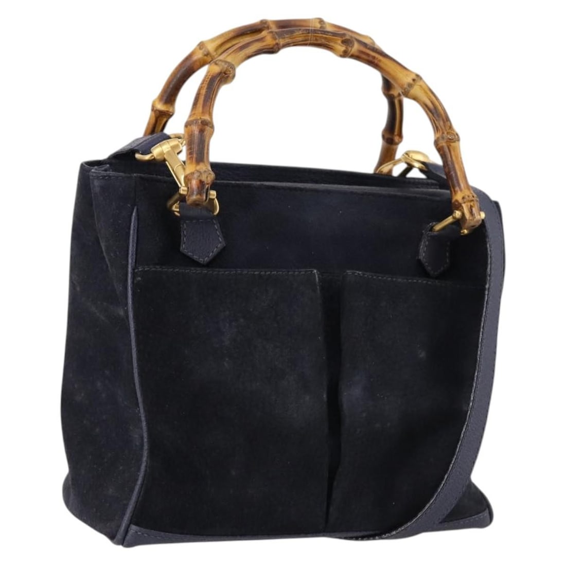 Navy Suede Gucci Bamboo Tote with Front Pocket Vintage Style (1 of 18)