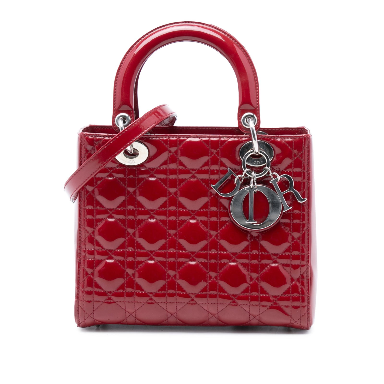 Dior Lady Dior Medium Patent Cannage Red Quilted Leather Shoulder Bag (1 of 7)