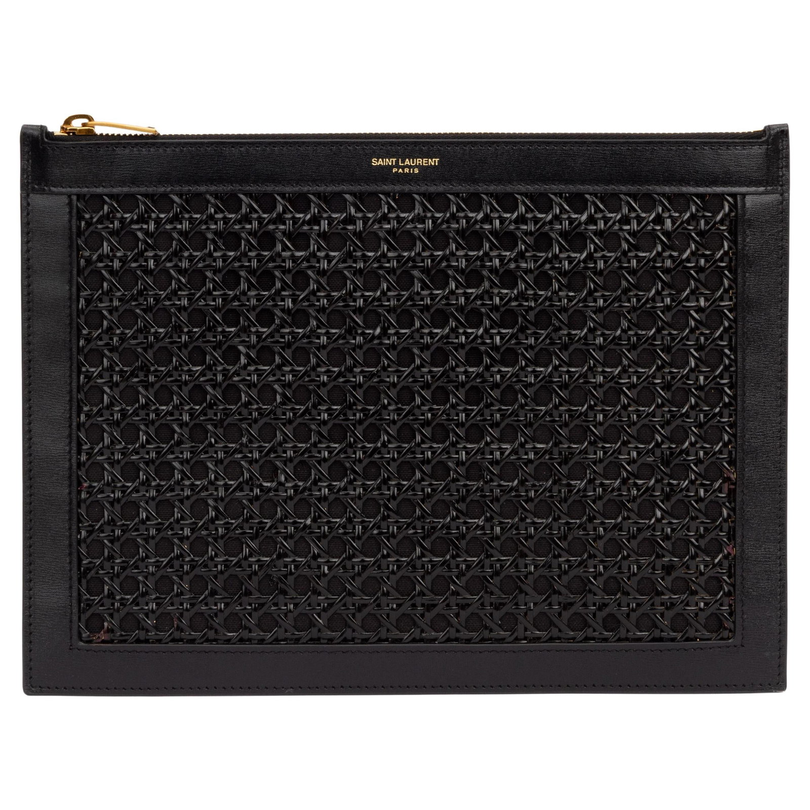 Yves Saint Laurent Black Wicker Clutch Italy with Gold Logo: Yves Saint Laurent Black Wicker Clutch Italy with Gold Logo Elevate your style with this exquisite Yves Saint Laurent Wicker Clutch, a perfect blend of sophistication and modern design. Crafted in Ita