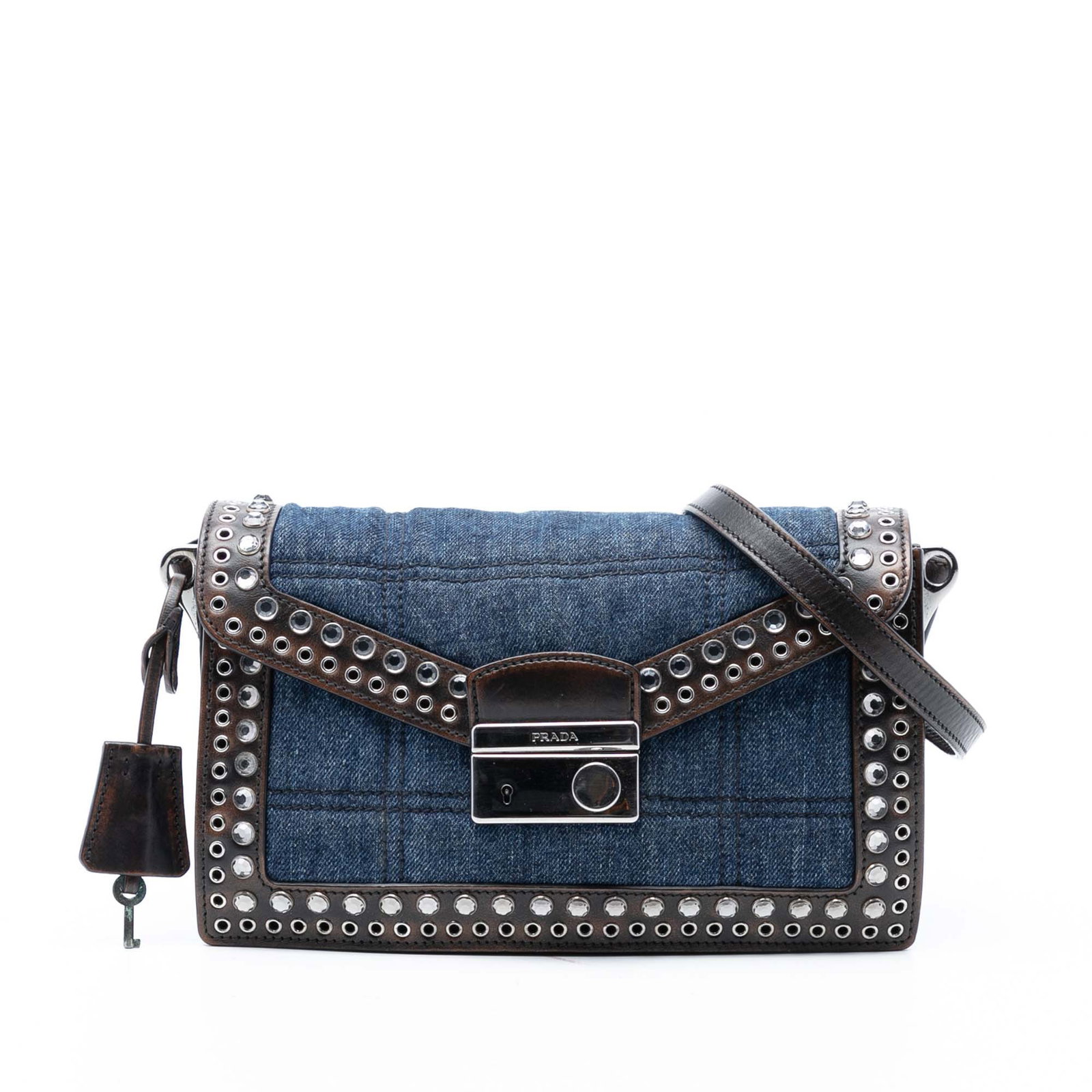 Prada Studded Denim Sound Lock Blue Crossbody Bag with Leather Trim (1 of 6)