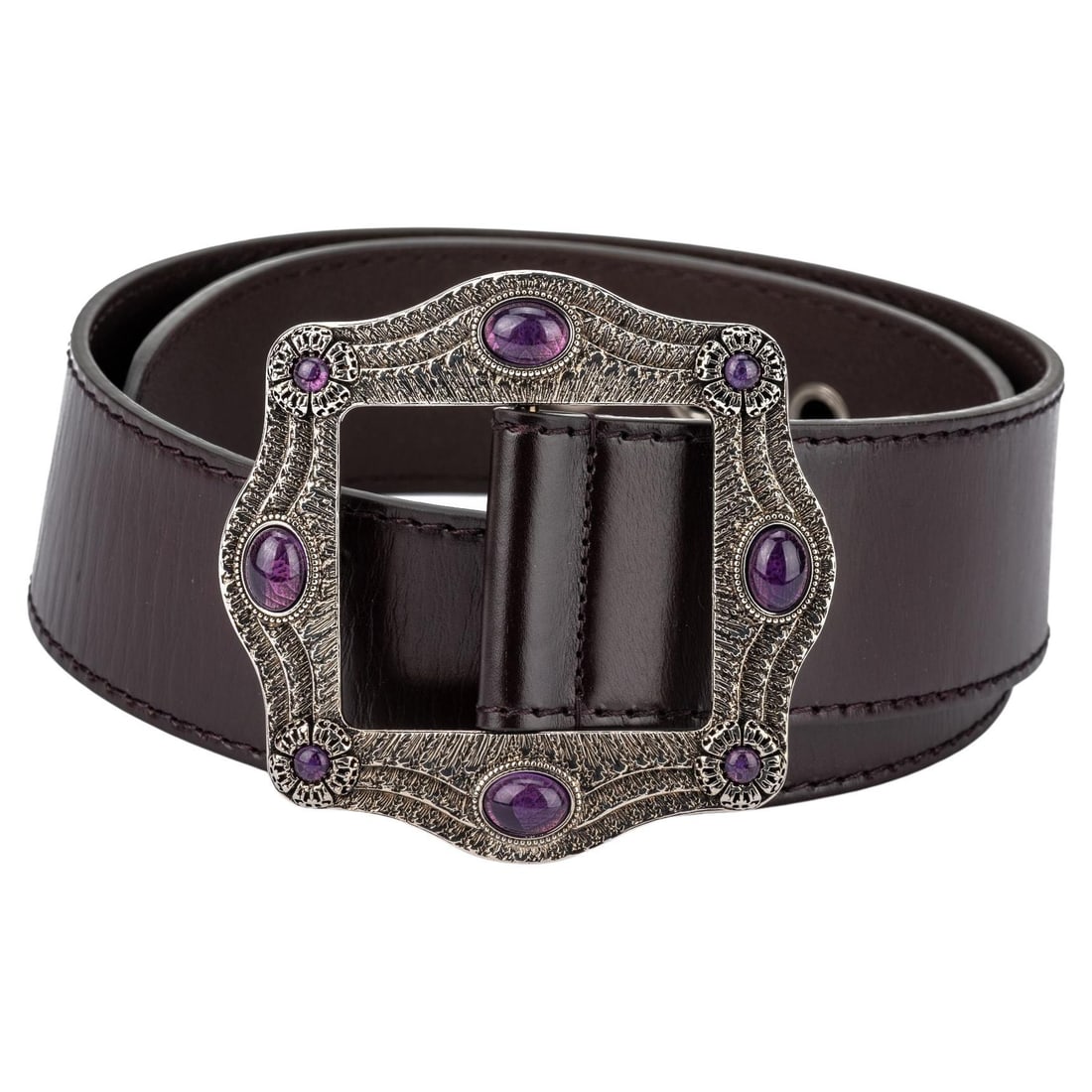 Gucci Brown Jewel Buckle Belt with Gunmetal and Amethyst: Gucci Brown Jewel Buckle Belt with Gunmetal and Amethyst Elevate your accessory collection with this exquisite Gucci belt, crafted in Italy. This brand new dark brown belt features a striking gunmetal