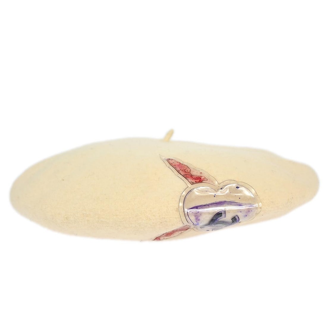 Ivory Beret Hat with Logo Accent by Chanel Italy: Ivory Beret Hat with Logo Accent by Chanel Italy This Chanel ivory beret hat features a classic design with logo accents, offering a stylish accessory for casual occasions. Made in Italy, it is crafte