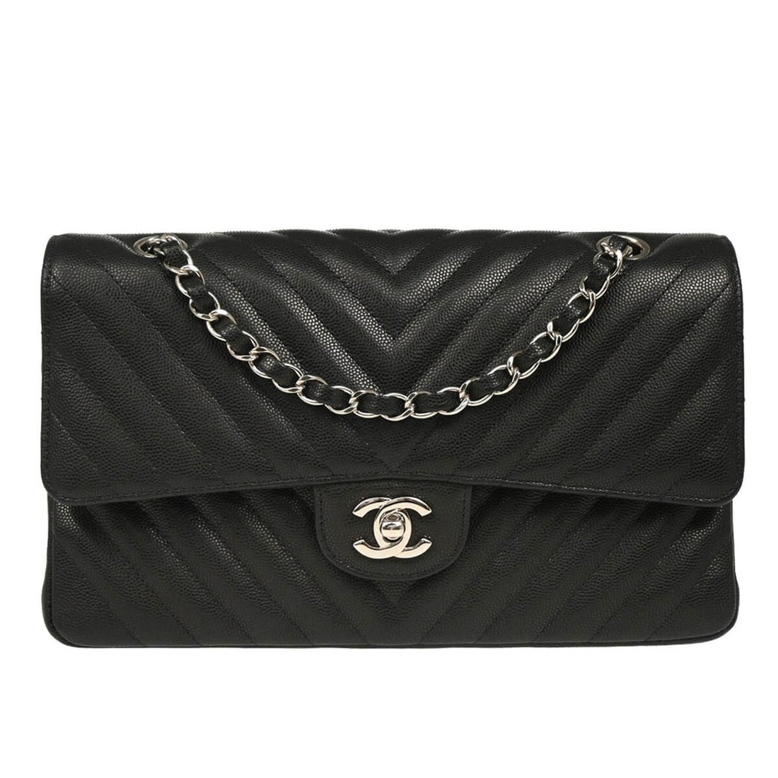 Chanel Black Caviar Chevron Medium Classic Double Flap Shoulder Bag (1 of 11)