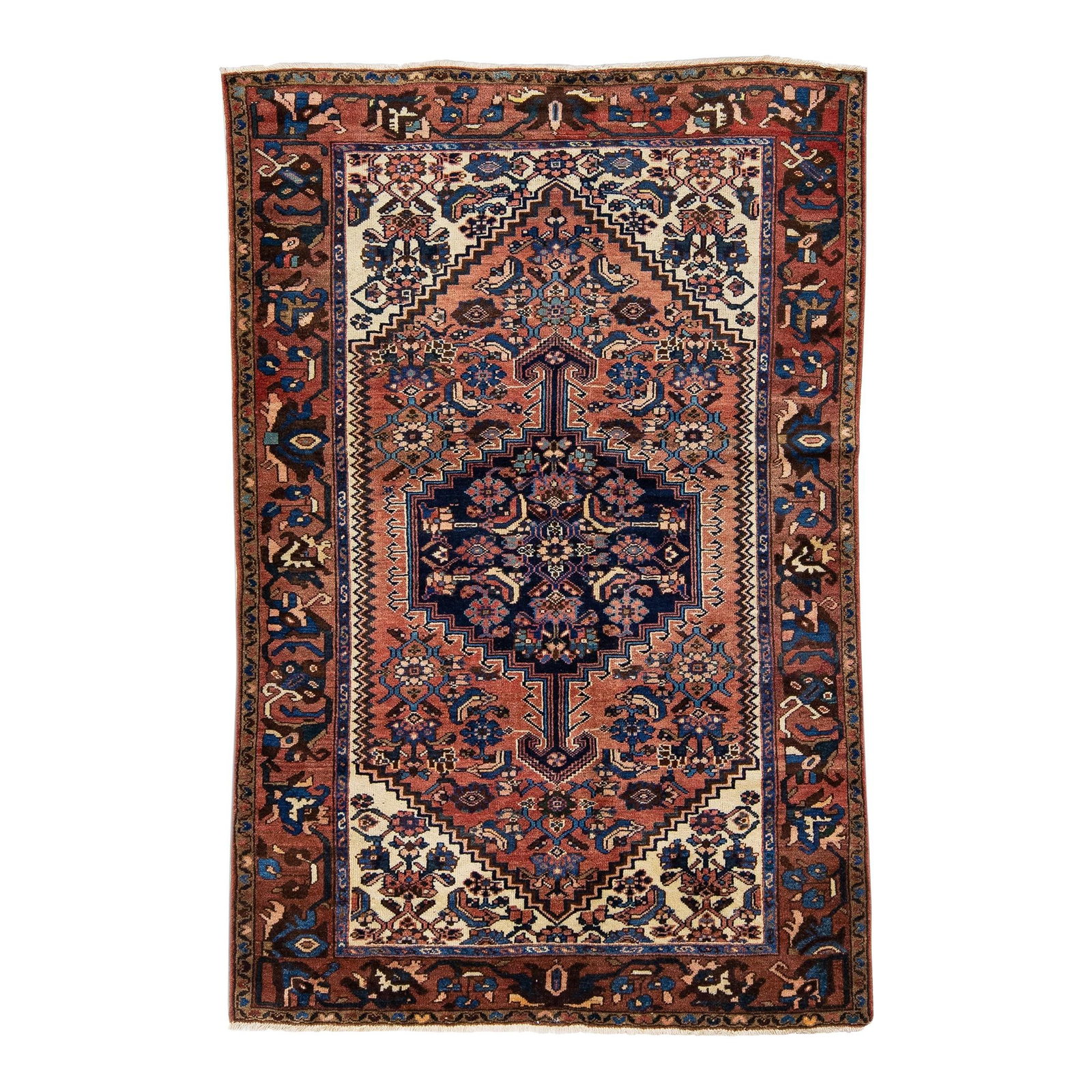1960s Handmade Persian Hamadan Red Wool Rug 4'2 x 6'4: 1960s Handmade Persian Hamadan Red Wool Rug 4'2 x 6'4 Discover this stunning vintage Persian Hamadan hand-knotted wool rug, featuring a vibrant red field adorned with a geometric design and multicolor
