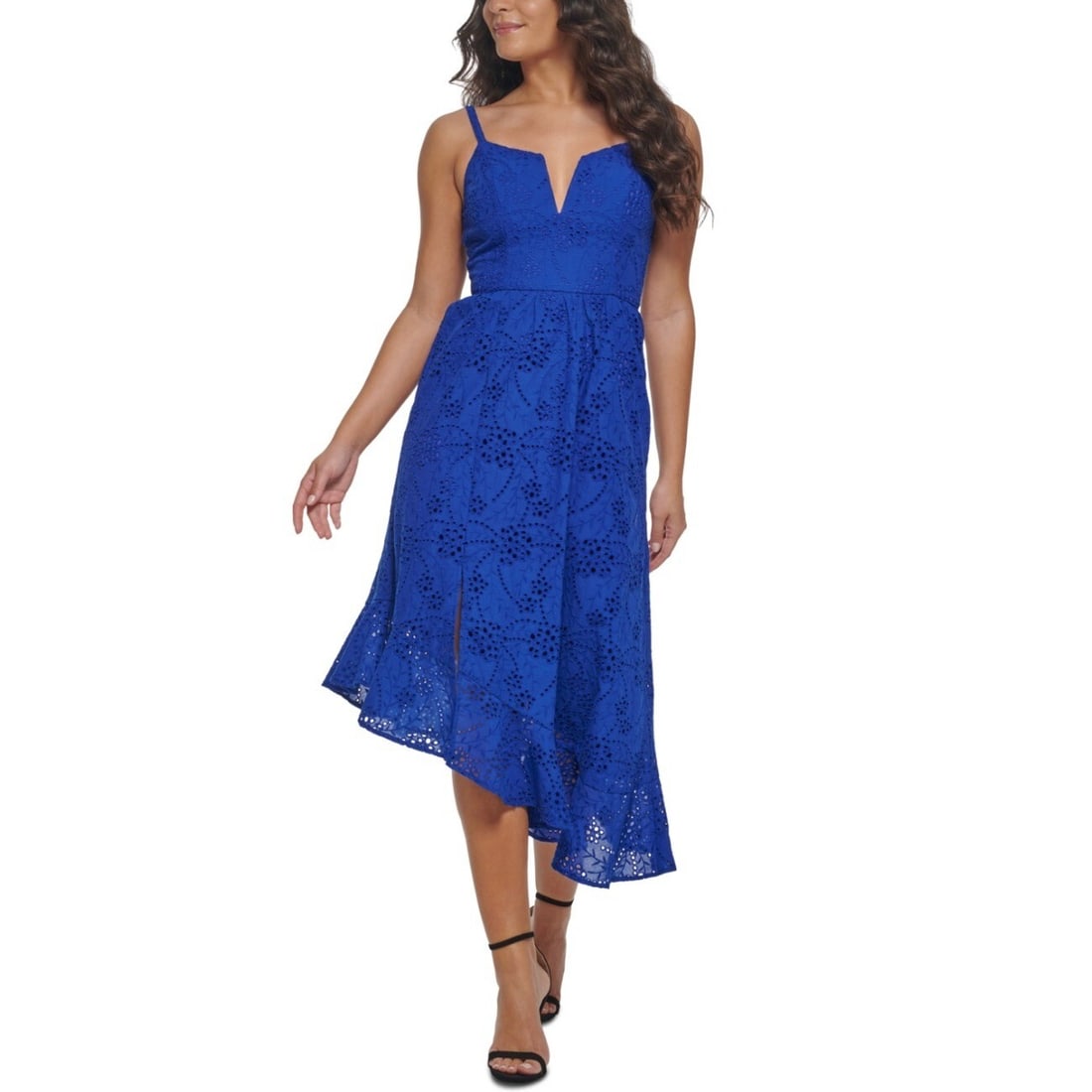 GUESS Women's Blue Cotton Eyelet Asymmetric Midi Dress Size 16: GUESS Women's Blue Cotton Eyelet Asymmetric Midi Dress Size 16 Elevate your wardrobe with this stylish GUESS Women's Cotton Eyelet Asymmetric Midi Dress in Size 16. This fit and flare dress features a