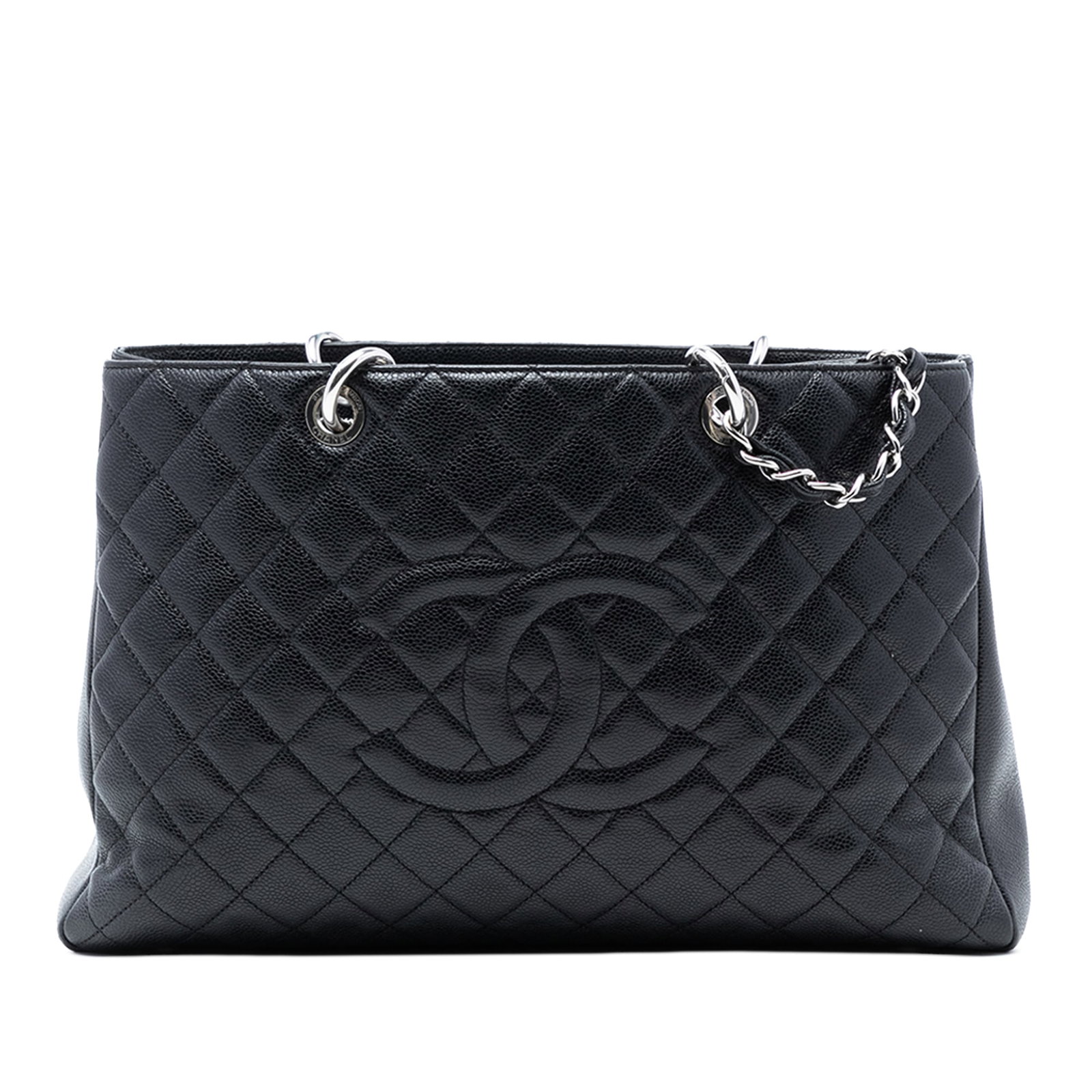 Chanel Black Caviar Leather Grand Shopping Tote XL with Chain Straps: Chanel Black Caviar Leather Grand Shopping Tote XL with Chain Straps This Chanel Grand Shopping Tote XL is crafted from black caviar leather and features a silver-tone chain link with leather-woven st