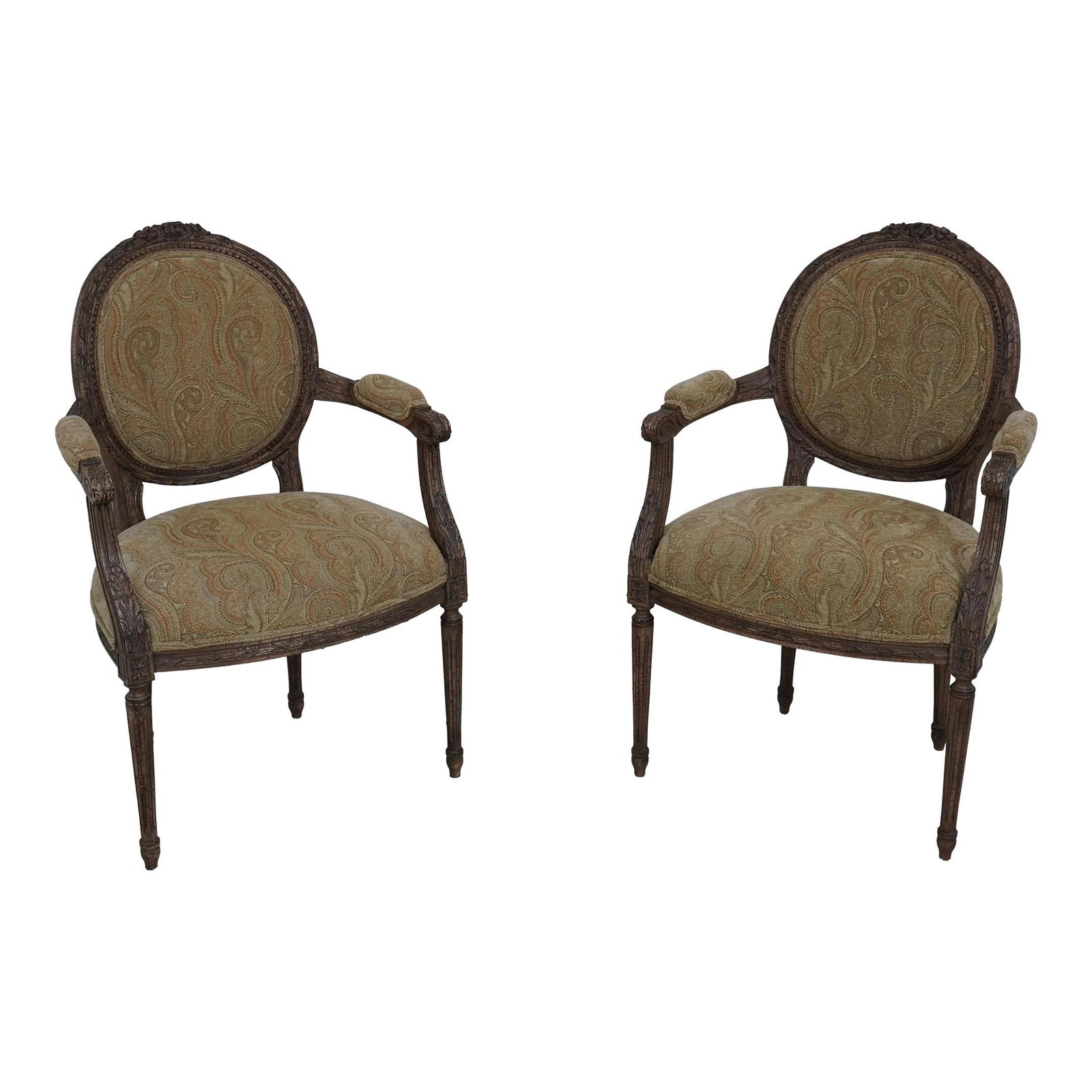Elegant Pair of Louis XVI Upholstered Armchairs with Distressed Finish (1 of 10)