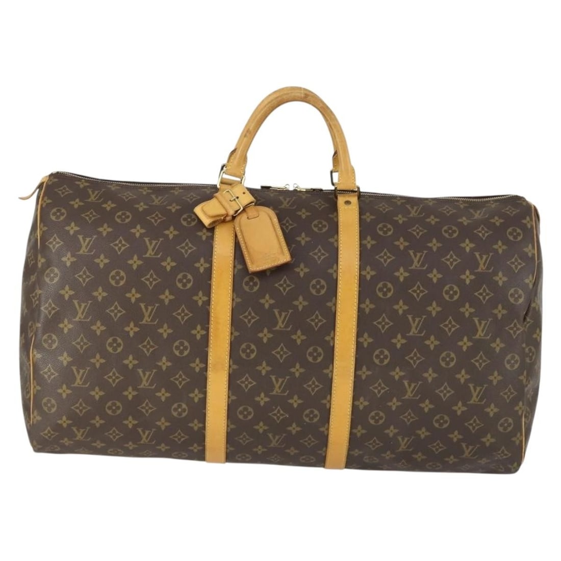 Keepall Travel Bag by Louis Vuitton in Brown Monogram Canvas: Keepall Travel Bag by Louis Vuitton in Brown Monogram Canvas This Louis Vuitton Keepall Bag features the iconic Monogram canvas design in brown. Designed for unisex use, it offers a spacious interior,