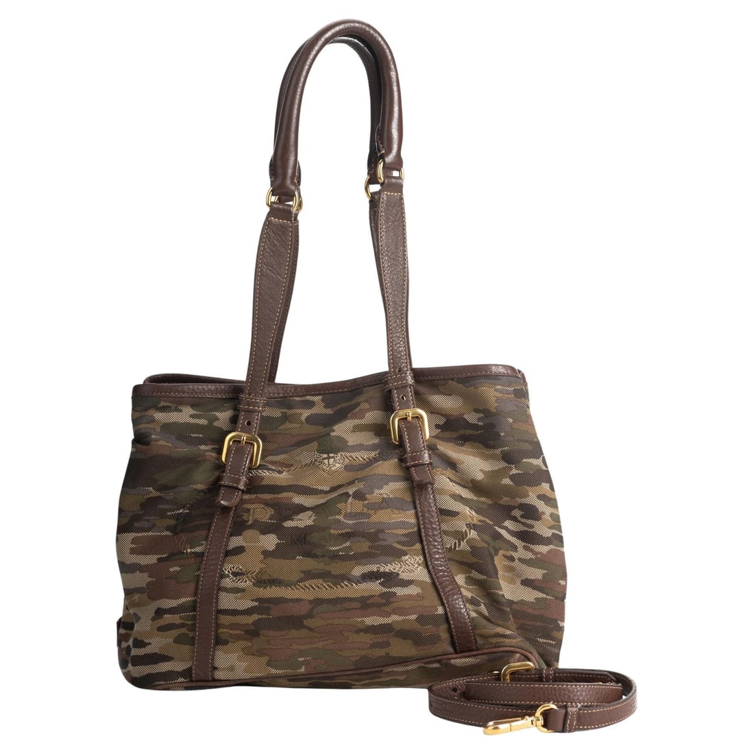 Prada Camouflage Military 2 Way Tote Bag with Leather Trim: Prada Camouflage Military 2 Way Tote Bag with Leather Trim Elevate your accessory collection with this Prada Camouflage 2 Way Tote, a perfect blend of style and functionality. Crafted in Italy, this t